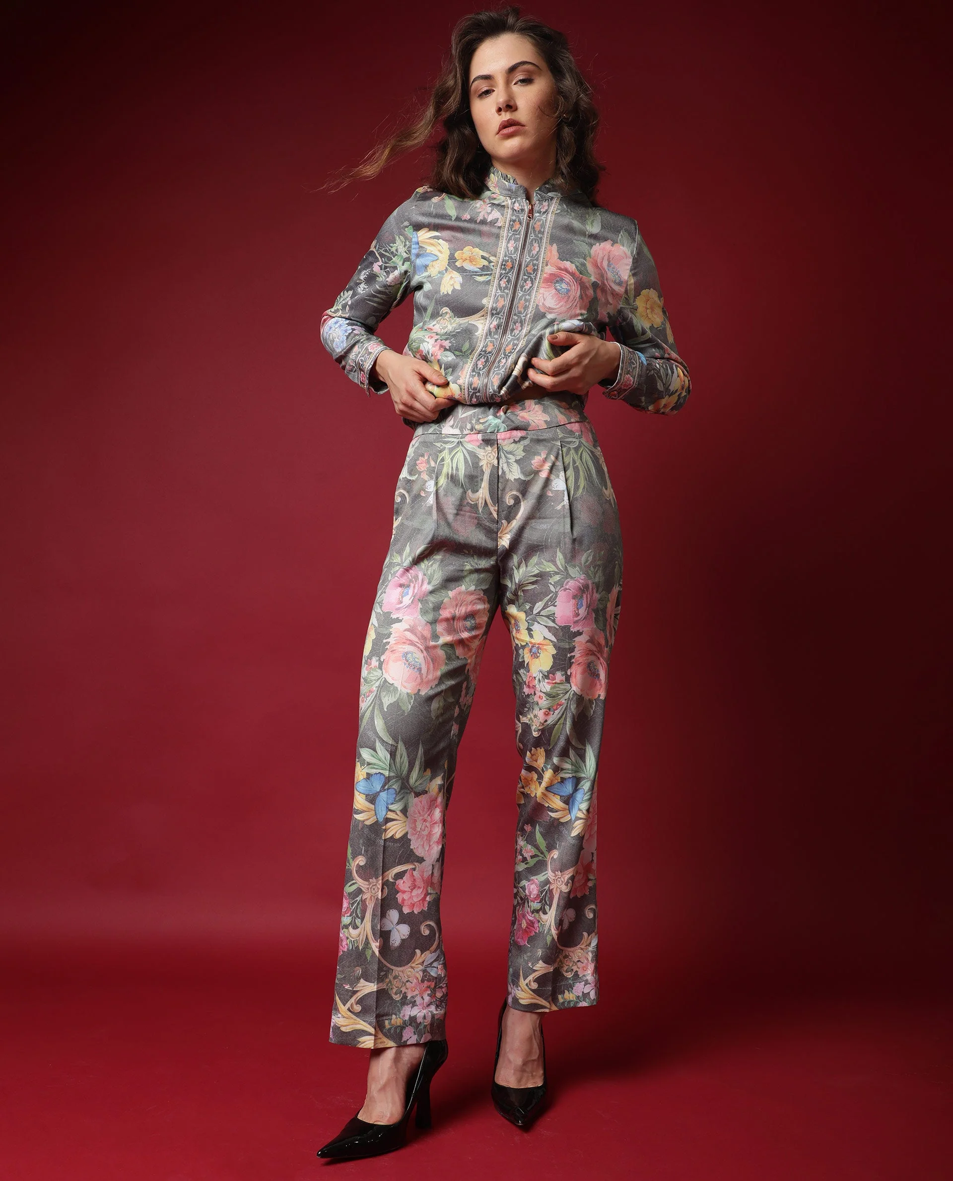Rareism Women's Montebello Multi Polyester Blend Floral Print Ankle Length Tailored Trouser
