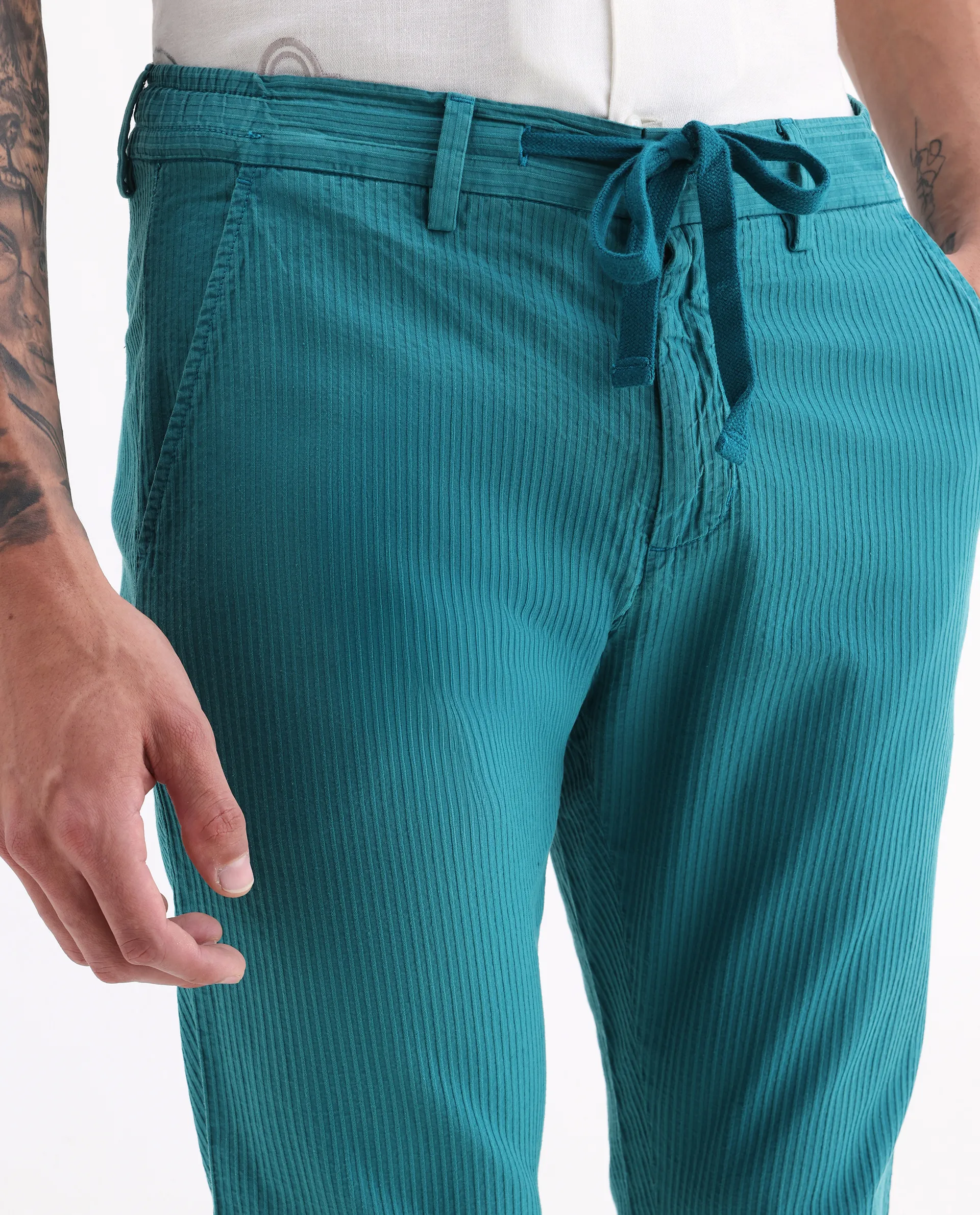 Rare Rabbit Men's Monter Green Cotton Striped Print Regular Fit Trouser - Image 3