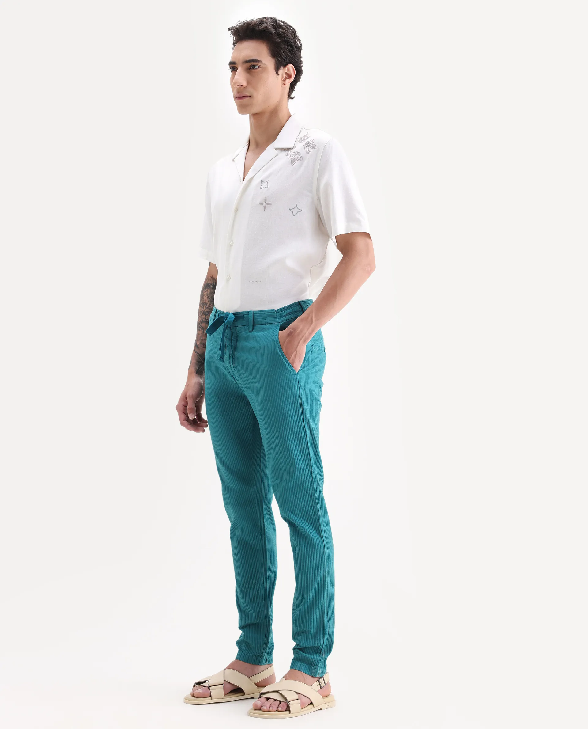 Rare Rabbit Men's Monter Green Cotton Striped Print Regular Fit Trouser - Image 4