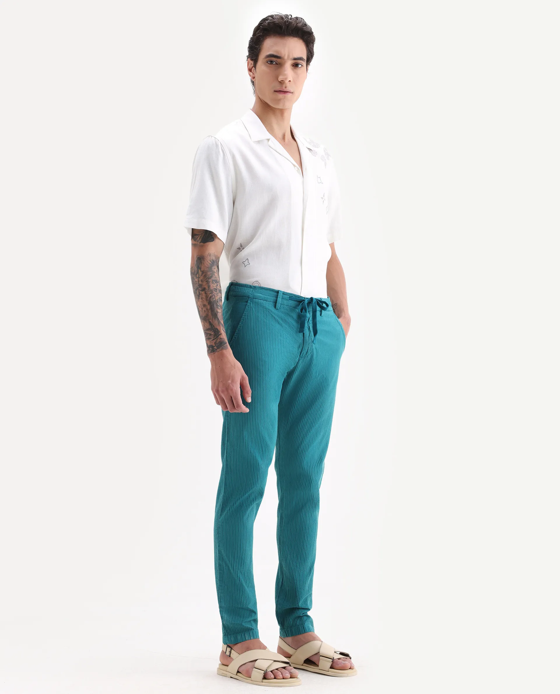 Rare Rabbit Men's Monter Green Cotton Striped Print Regular Fit Trouser - Image 5