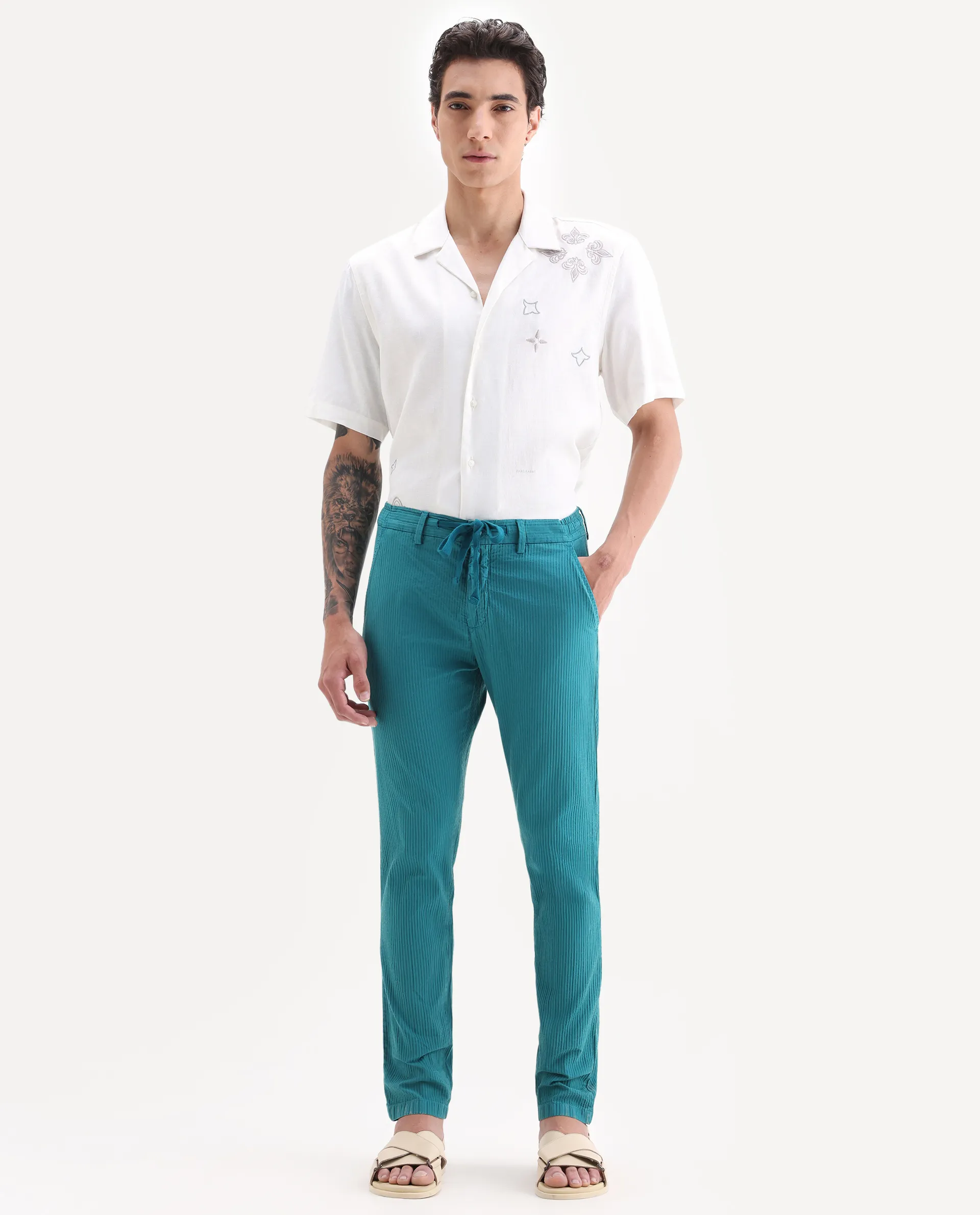 Rare Rabbit Men's Monter Green Cotton Striped Print Regular Fit Trouser - Image 7