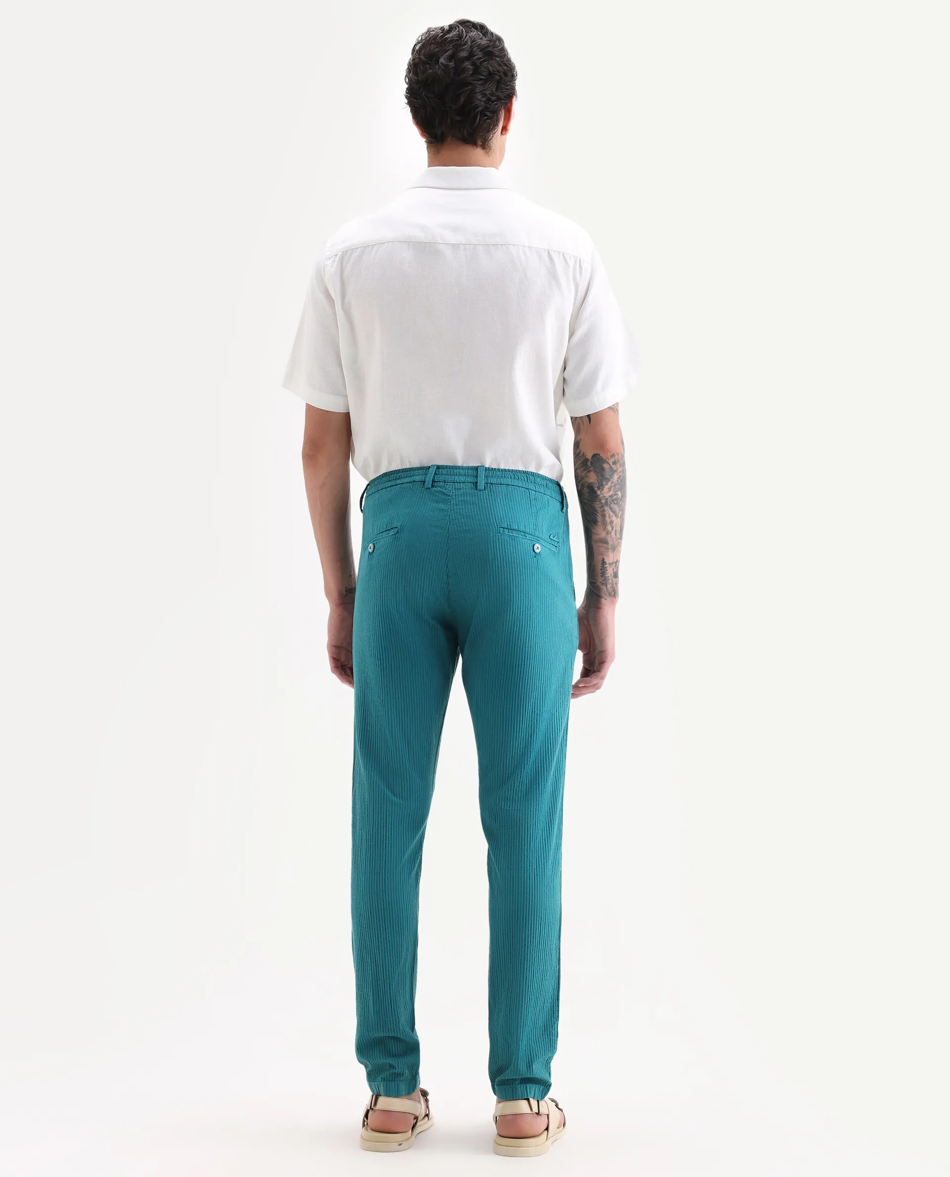 Rare Rabbit Men's Monter Green Cotton Striped Print Regular Fit Trouser - Image 8