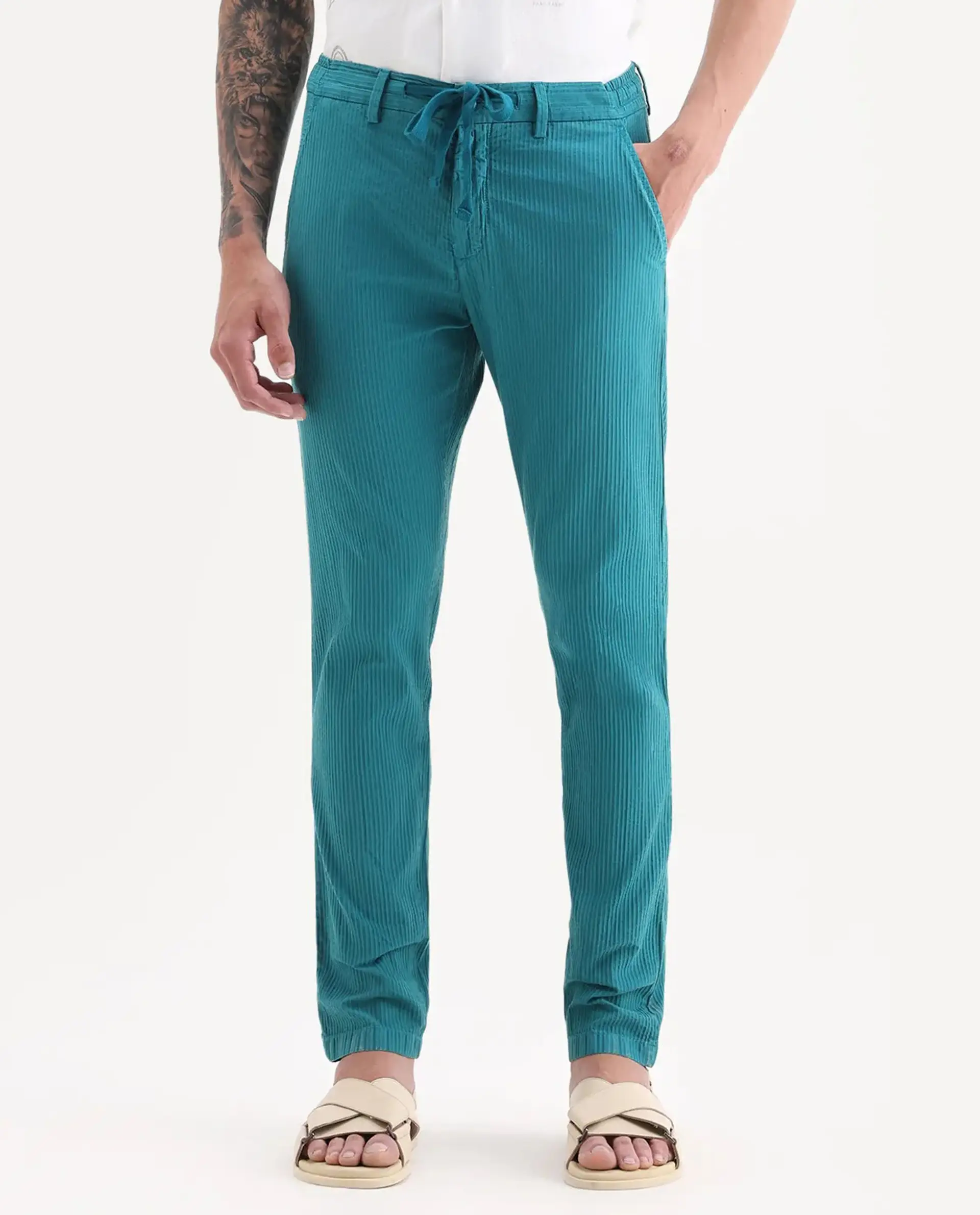 Rare Rabbit Men's Monter Green Cotton Striped Print Regular Fit Trouser - Image 9