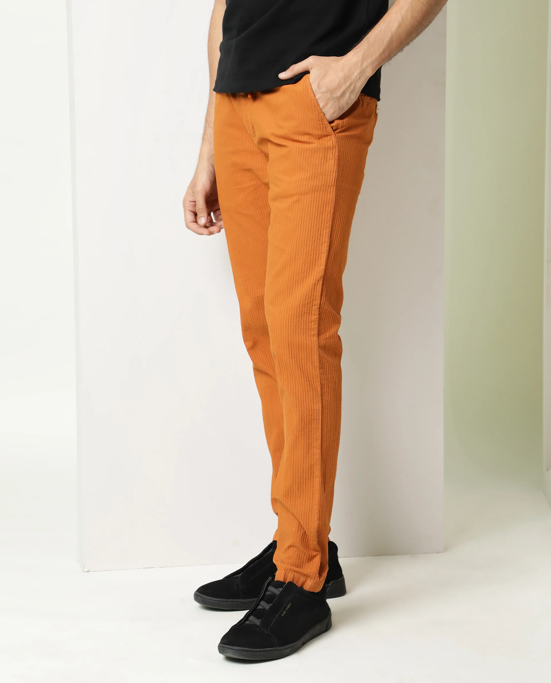 Rare Rabbit Men's Monter Orange Cotton Striped Print Regular Fit Trouser - Image 4