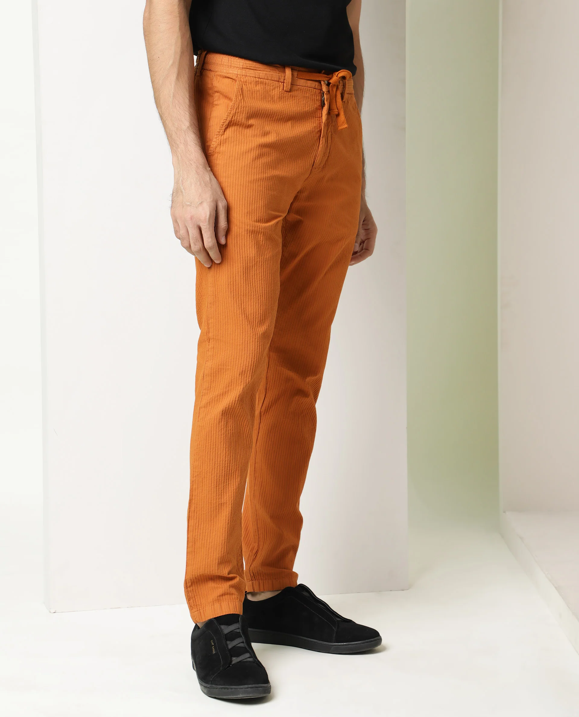 Rare Rabbit Men's Monter Orange Cotton Striped Print Regular Fit Trouser - Image 5