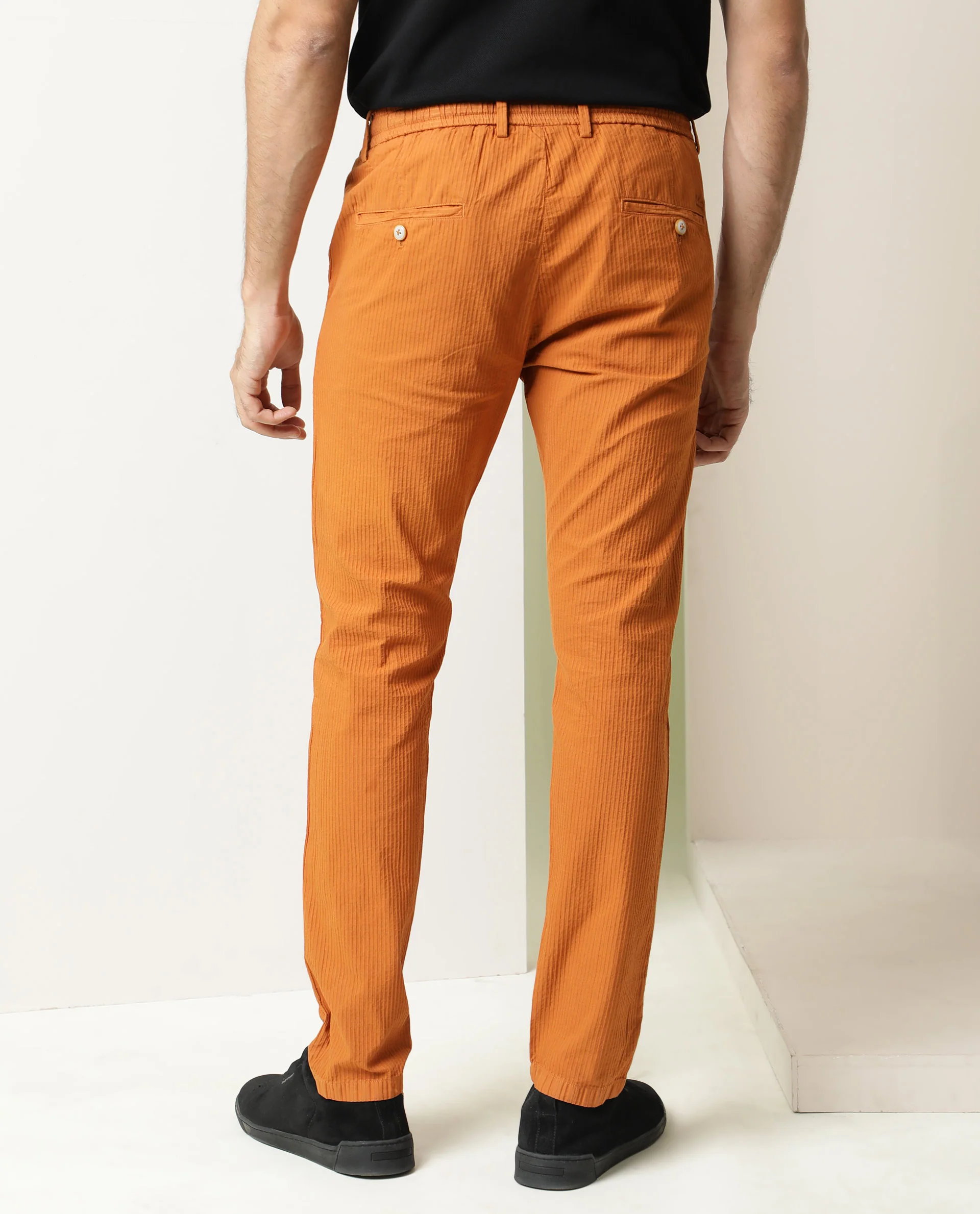 Rare Rabbit Men's Monter Orange Cotton Striped Print Regular Fit Trouser - Image 6
