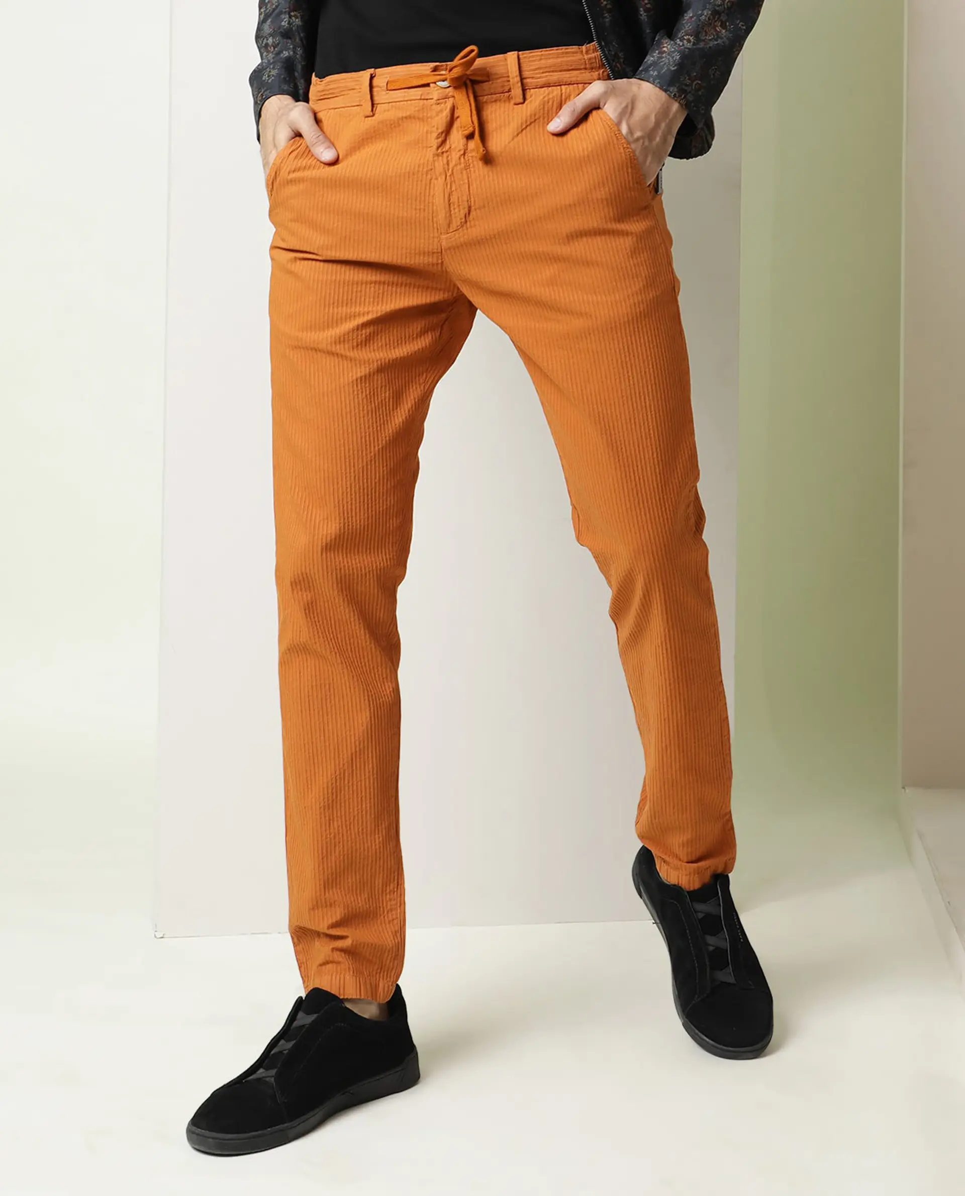 Rare Rabbit Men's Monter Orange Cotton Striped Print Regular Fit Trouser - Image 8