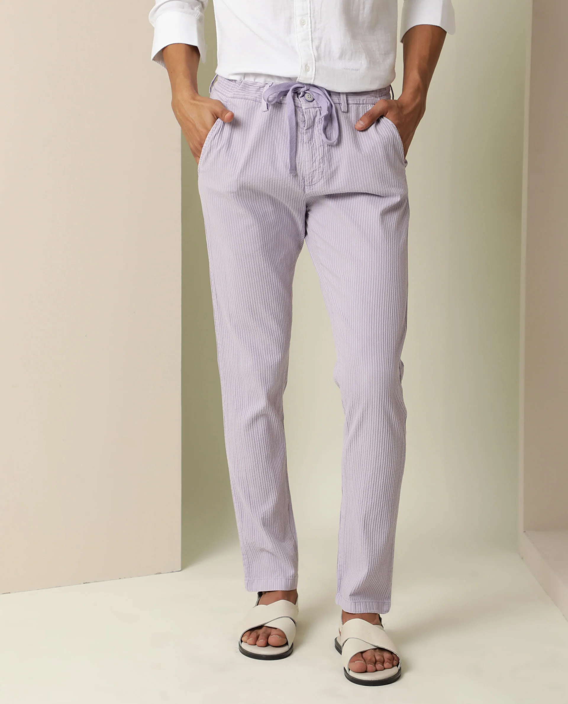 Rare Rabbit Men's Monter- Pink Cotton Striped Print Regular Fit Trouser