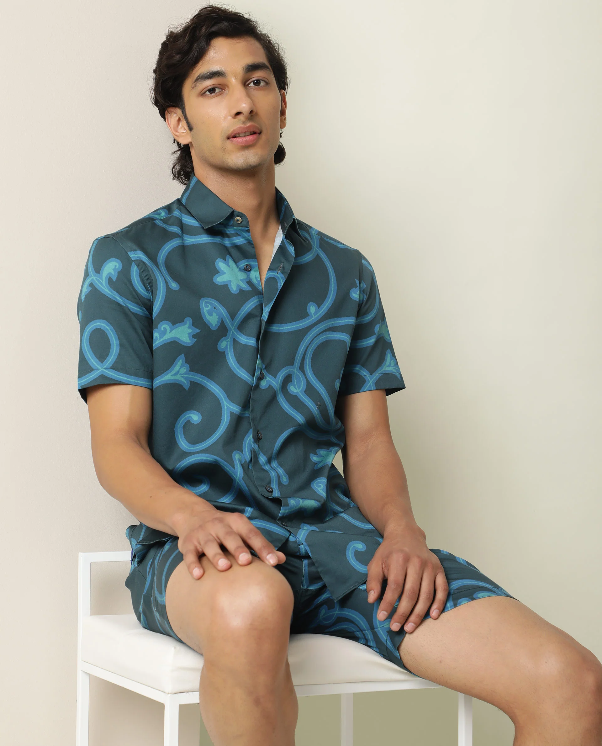 Rare Rabbit Men's Montil Petrol Cotton Abstract Print Regular Fit Half Sleeve Collared Shirt - Image 2