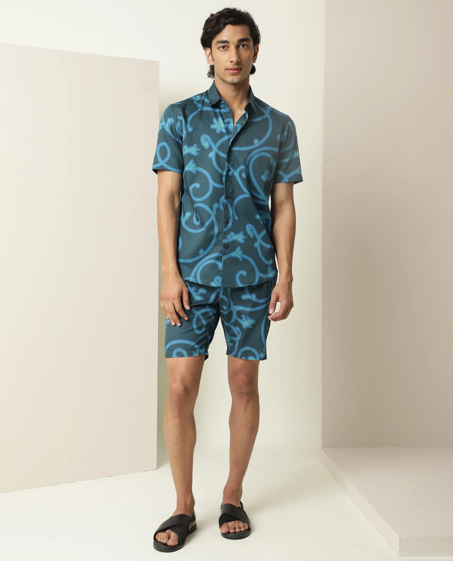 Rare Rabbit Men's Montil Petrol Cotton Abstract Print Regular Fit Half Sleeve Collared Shirt - Image 3