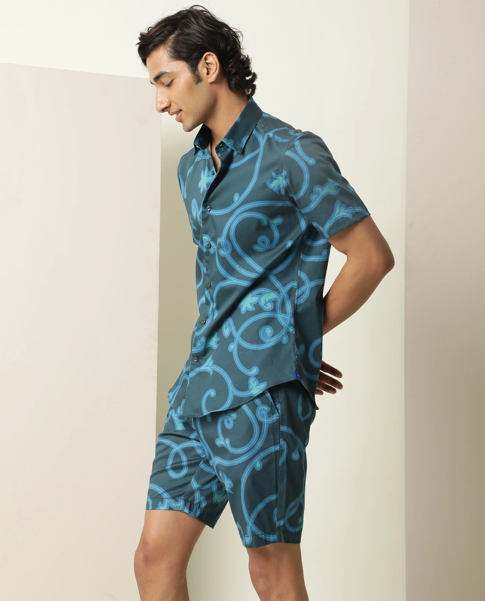 Rare Rabbit Men's Montil Petrol Cotton Abstract Print Regular Fit Half Sleeve Collared Shirt - Image 4