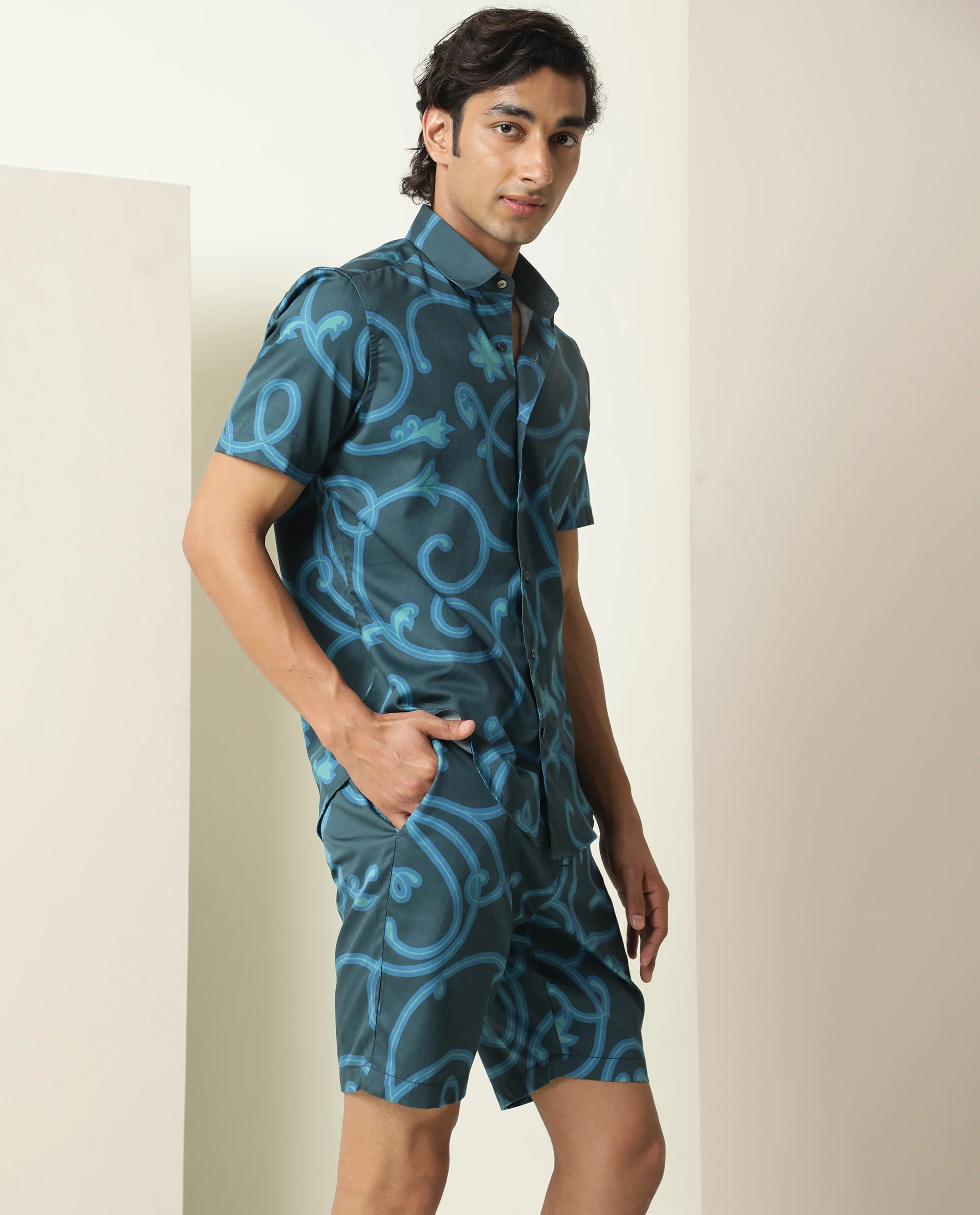 Rare Rabbit Men's Montil Petrol Cotton Abstract Print Regular Fit Half Sleeve Collared Shirt - Image 5