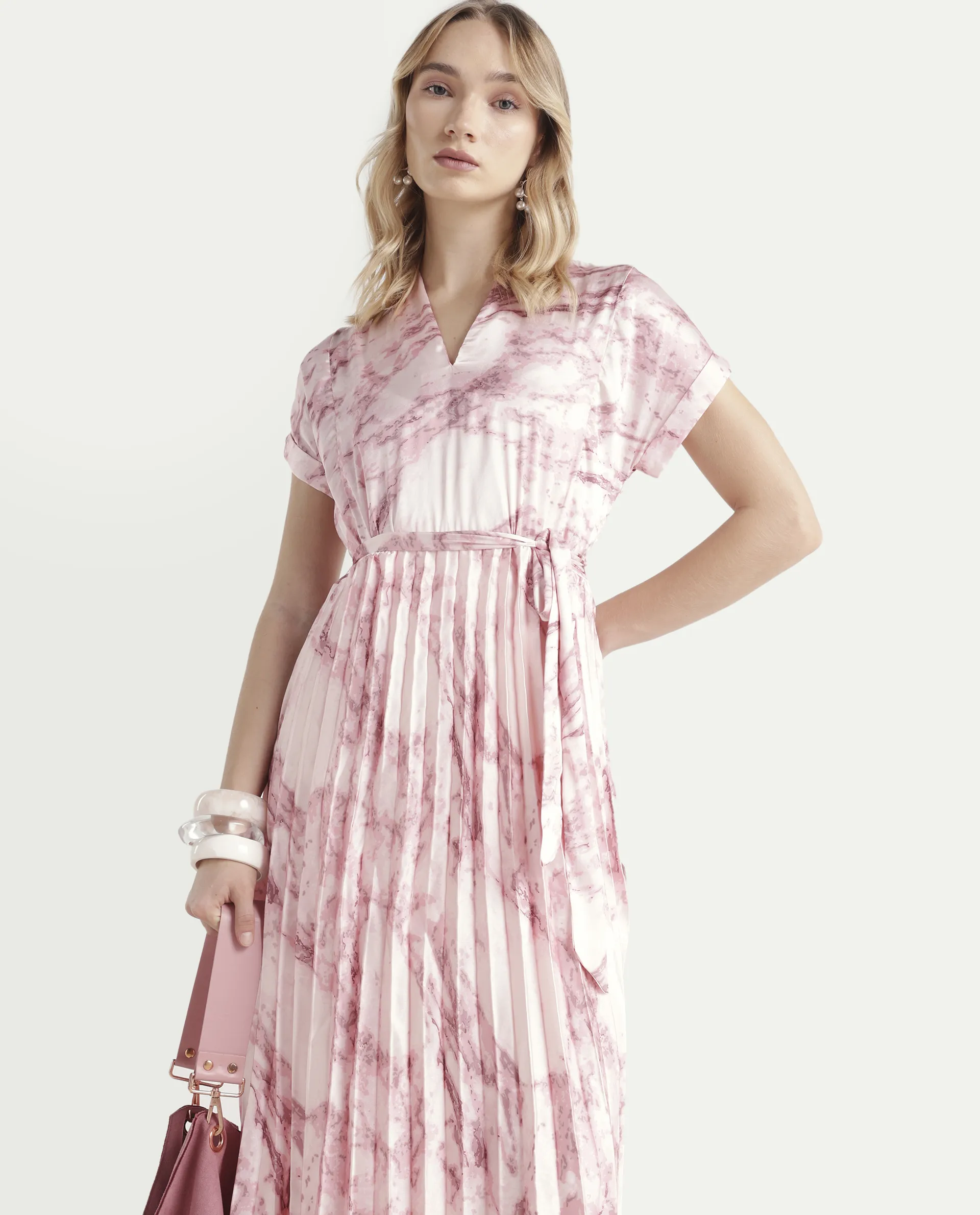 Rareism Women's Montmello Metallic Pink Cotton Blend V-Neck Abstract Print Extended Sleeves Midi Fit And Flare Dress
