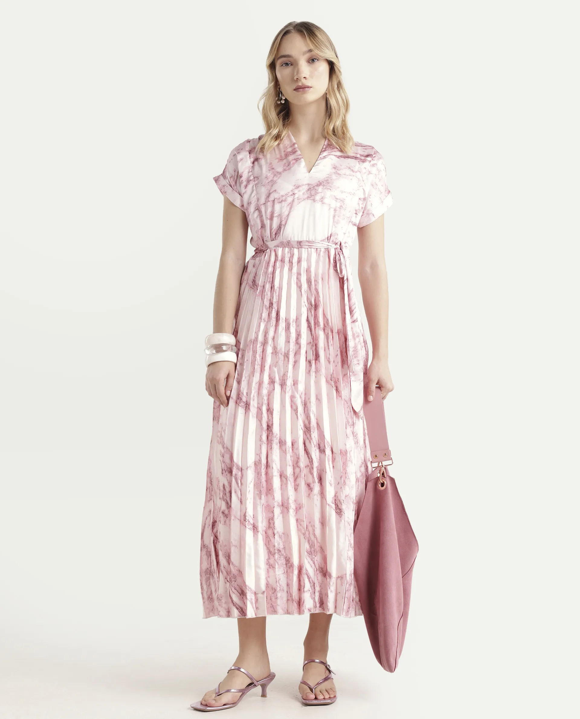 Rareism Women's Montmello Metallic Pink Cotton Blend V-Neck Abstract Print Extended Sleeves Midi Fit And Flare Dress - Image 2