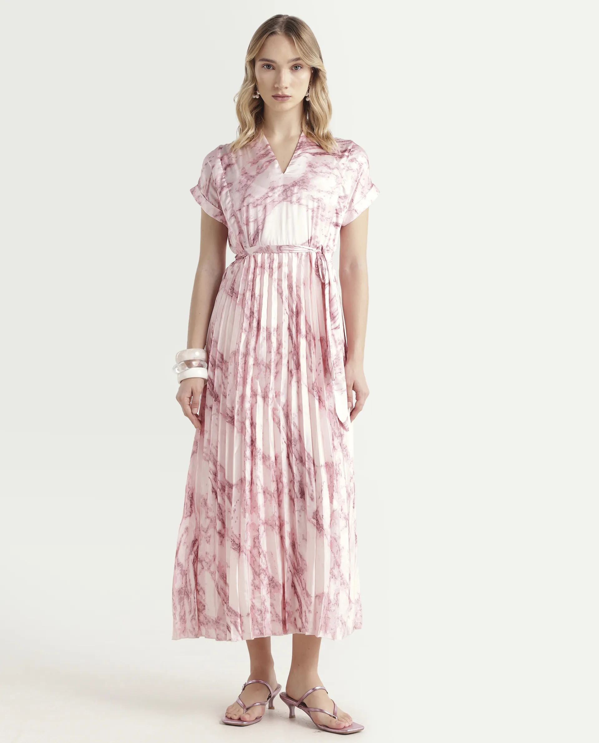 Rareism Women's Montmello Metallic Pink Cotton Blend V-Neck Abstract Print Extended Sleeves Midi Fit And Flare Dress - Image 3