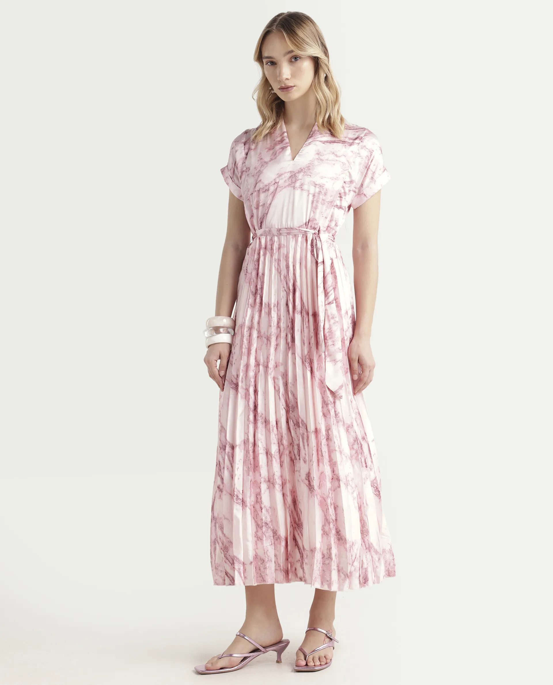 Rareism Women's Montmello Metallic Pink Cotton Blend V-Neck Abstract Print Extended Sleeves Midi Fit And Flare Dress - Image 5