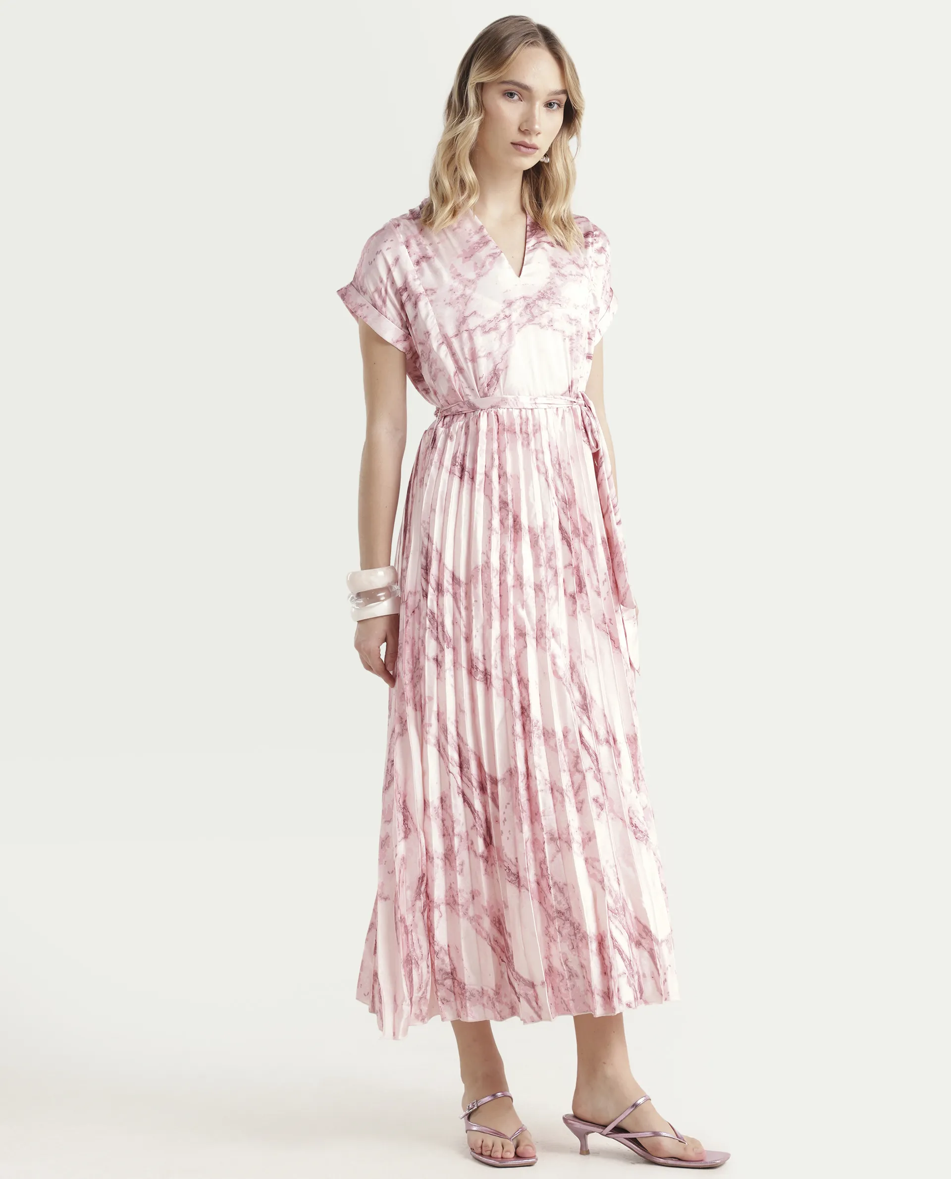 Rareism Women's Montmello Metallic Pink Cotton Blend V-Neck Abstract Print Extended Sleeves Midi Fit And Flare Dress - Image 6