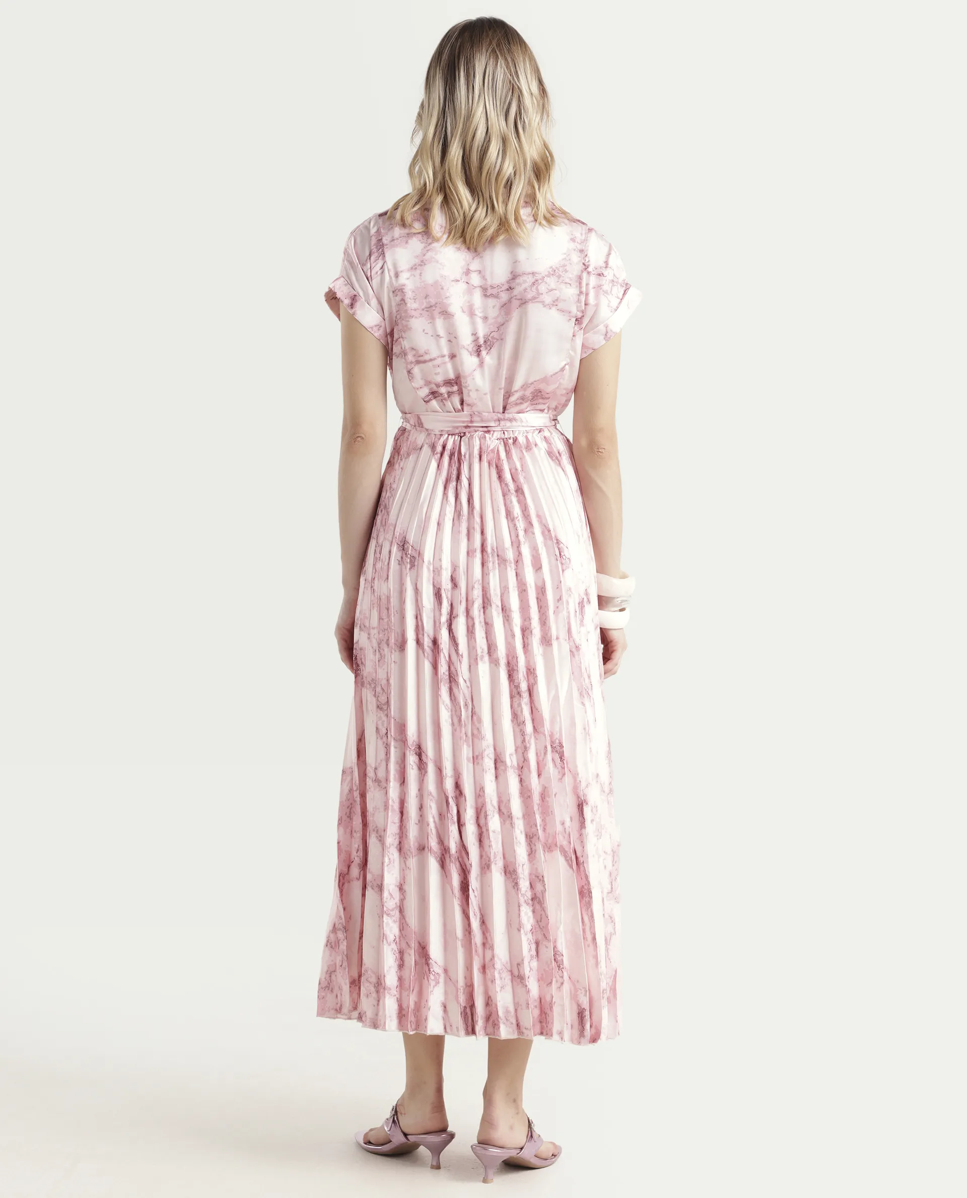Rareism Women's Montmello Metallic Pink Cotton Blend V-Neck Abstract Print Extended Sleeves Midi Fit And Flare Dress - Image 7