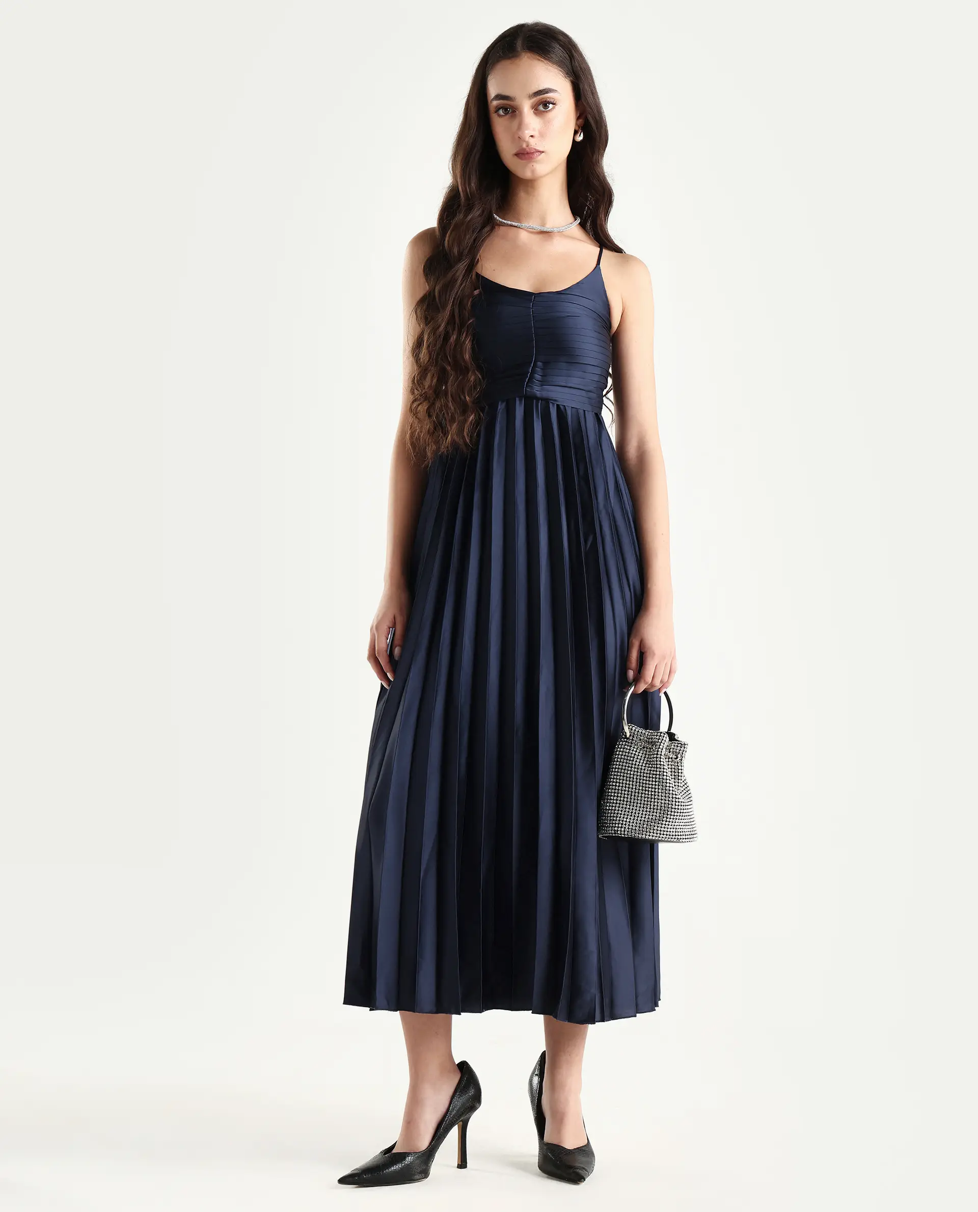 Rareism Women's Montreal Metallic Navy Shoulder Strap Plain Shoulder Strap Midi Fit And Flare Dress