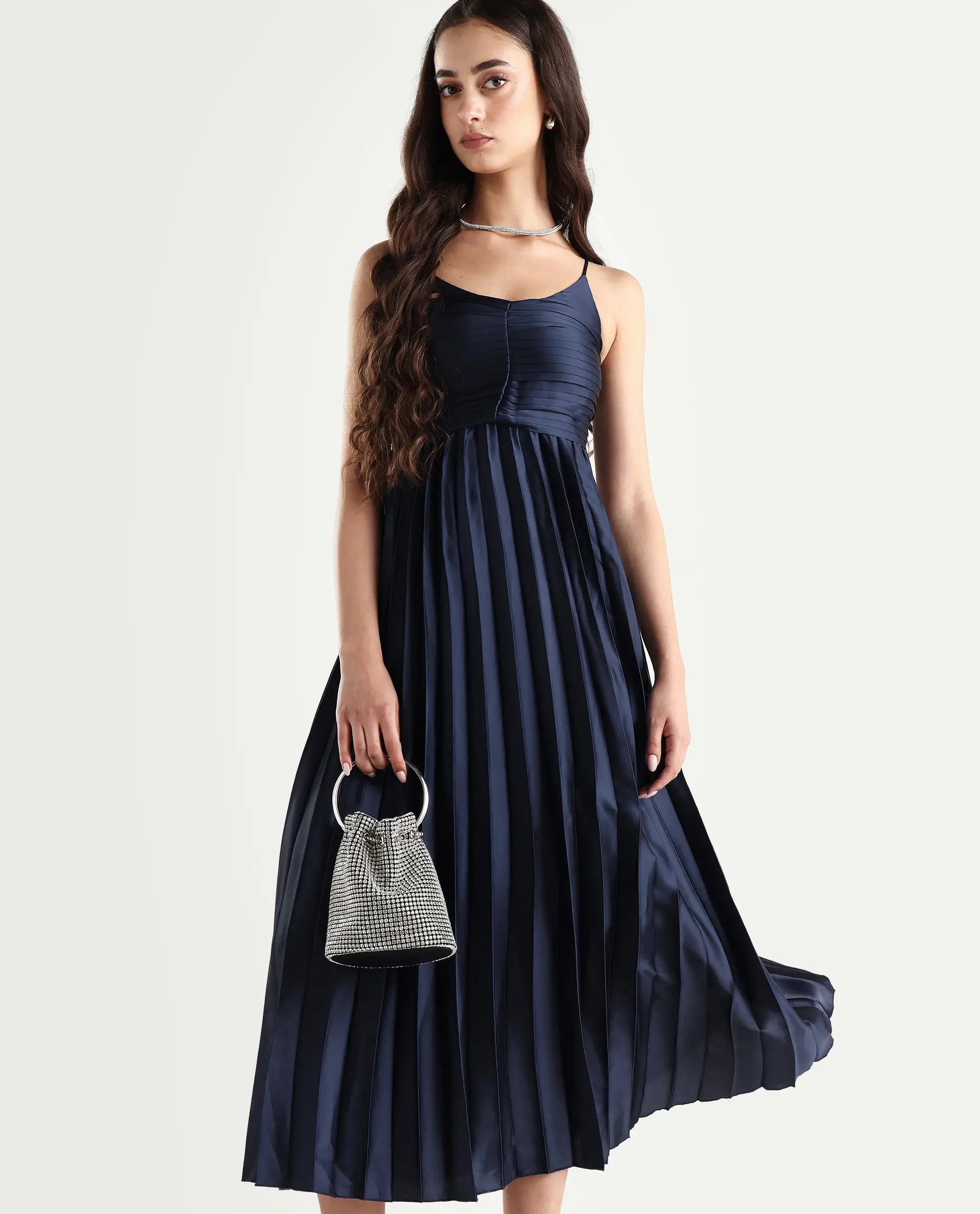 Rareism Women's Montreal Metallic Navy Shoulder Strap Plain Shoulder Strap Midi Fit And Flare Dress - Image 2