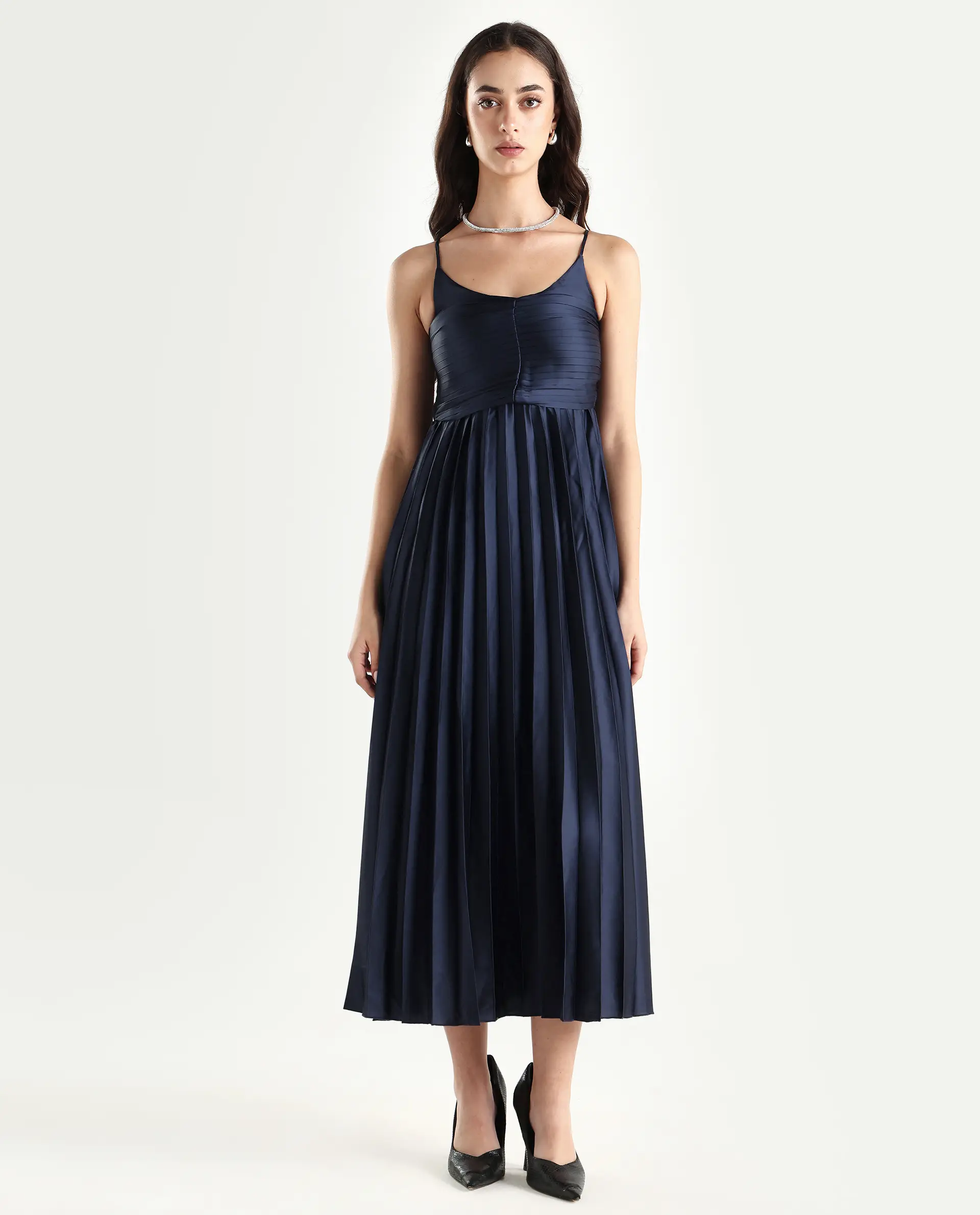 Rareism Women's Montreal Metallic Navy Shoulder Strap Plain Shoulder Strap Midi Fit And Flare Dress - Image 3