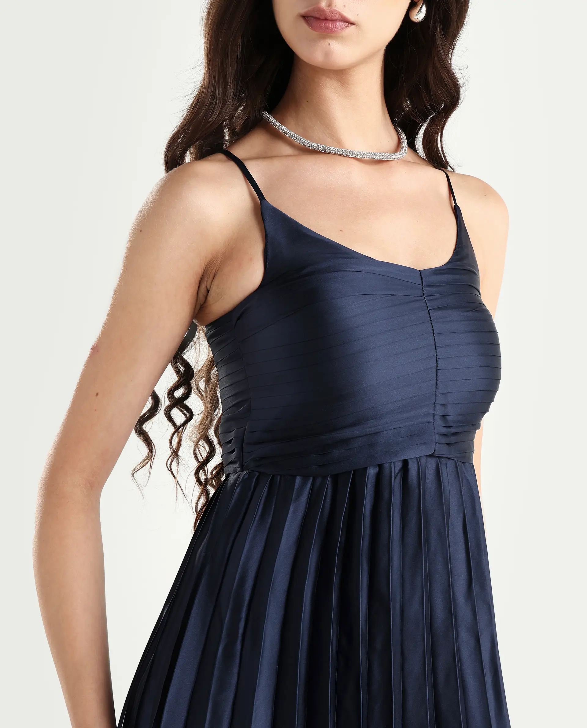 Rareism Women's Montreal Metallic Navy Shoulder Strap Plain Shoulder Strap Midi Fit And Flare Dress - Image 4