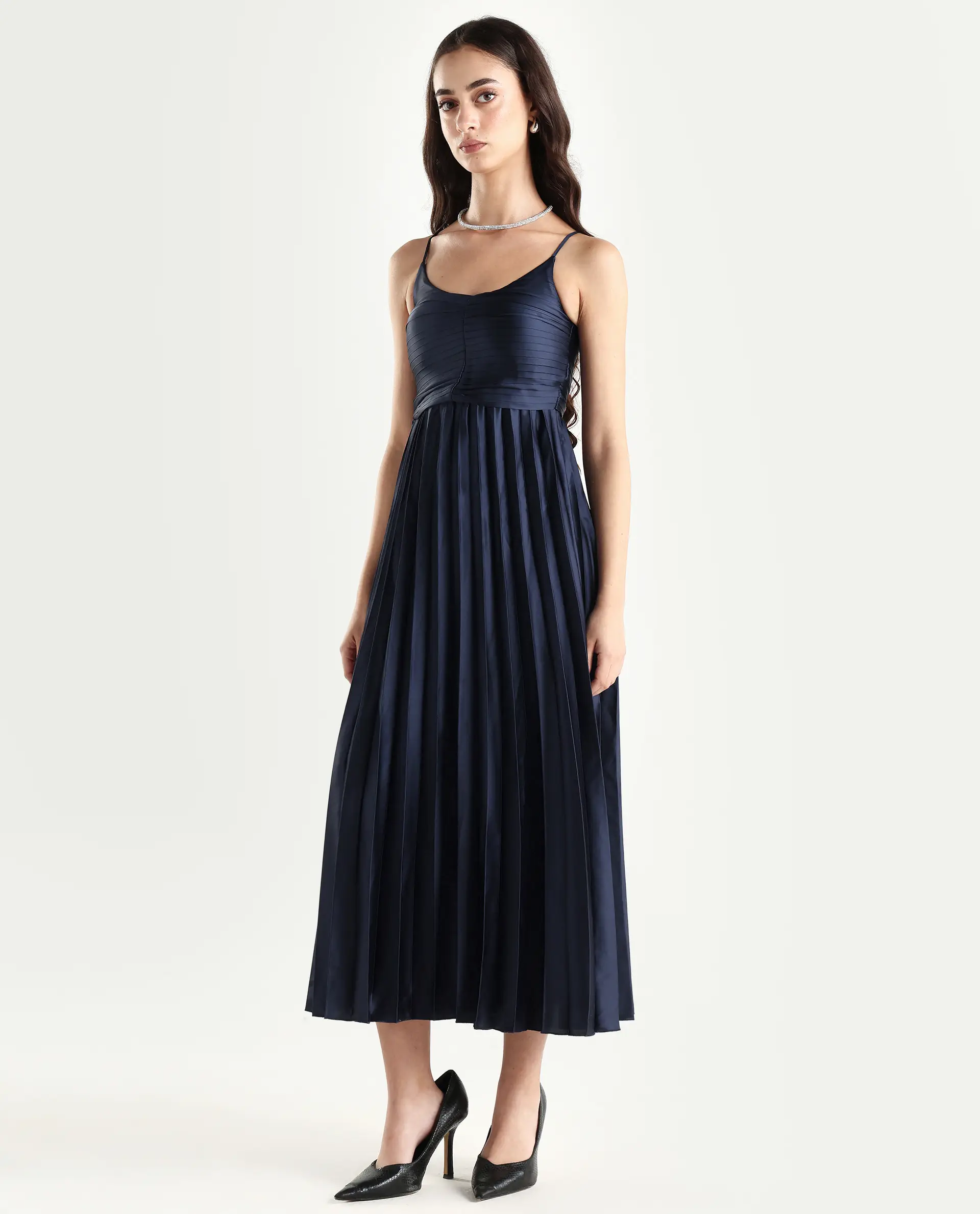 Rareism Women's Montreal Metallic Navy Shoulder Strap Plain Shoulder Strap Midi Fit And Flare Dress - Image 5