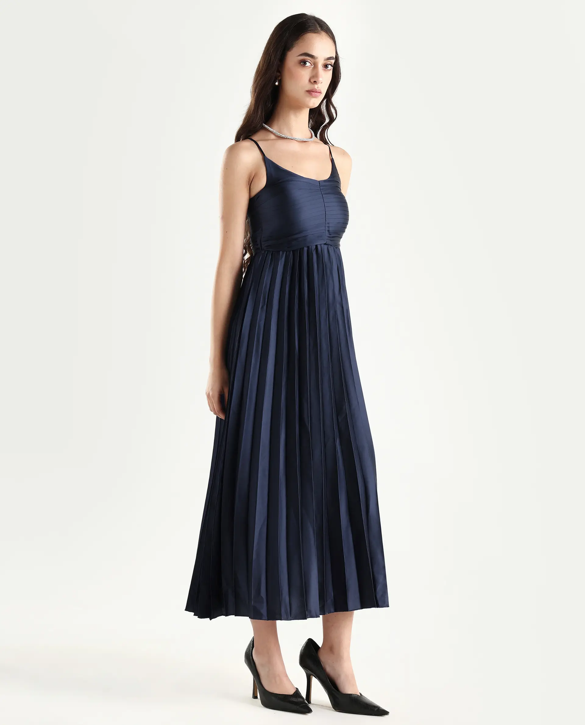 Rareism Women's Montreal Metallic Navy Shoulder Strap Plain Shoulder Strap Midi Fit And Flare Dress - Image 6
