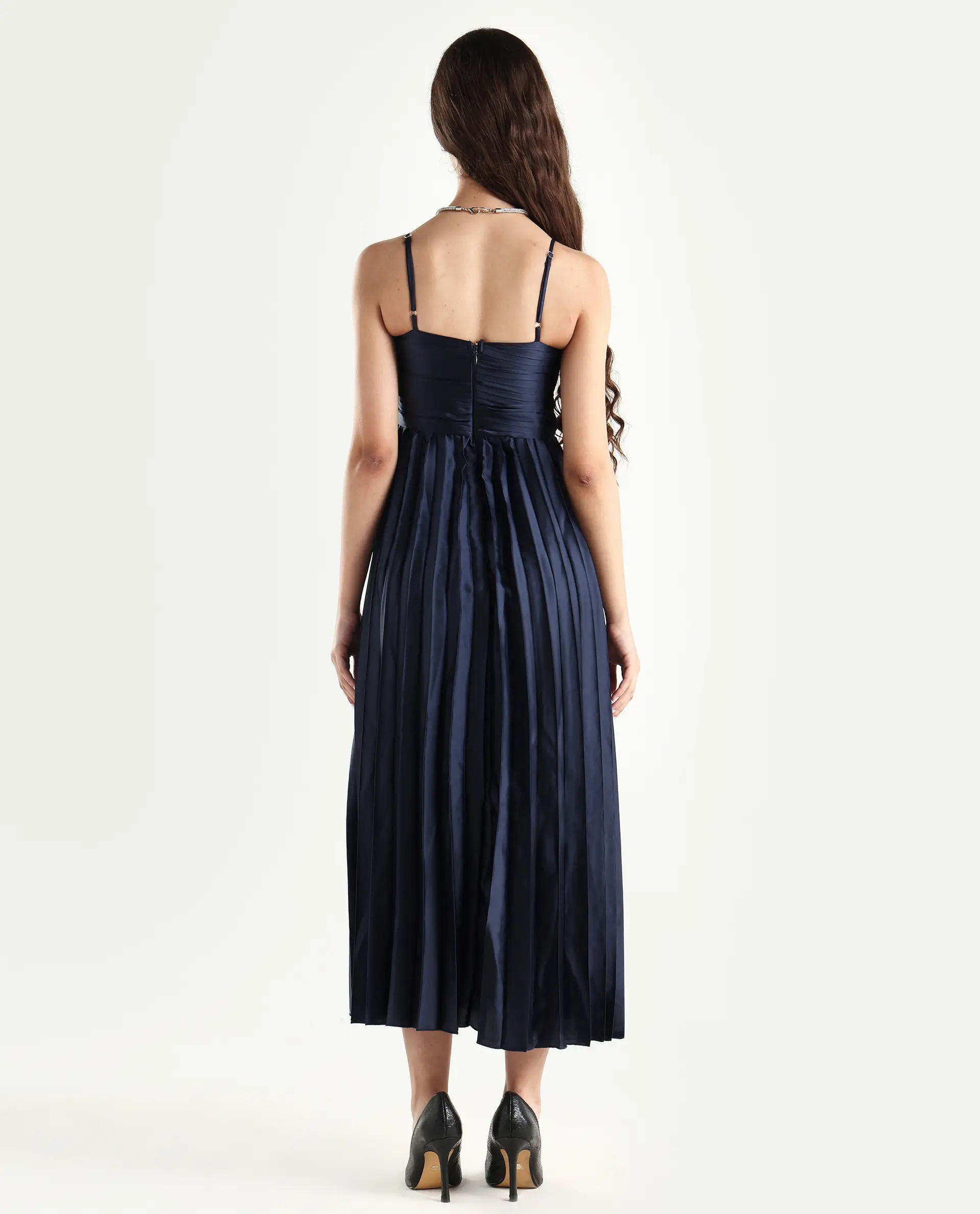 Rareism Women's Montreal Metallic Navy Shoulder Strap Plain Shoulder Strap Midi Fit And Flare Dress - Image 7
