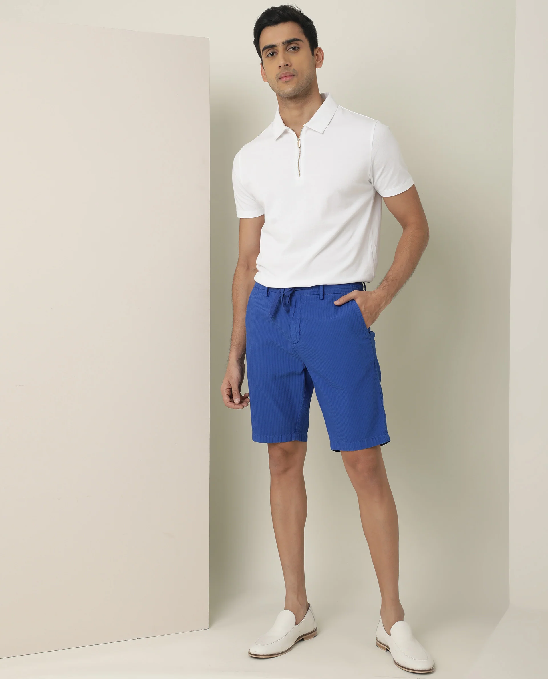 Rare Rabbit Men's Monty Fluorescent Blue Cotton Striped Print Regular Fit Shorts - Image 2