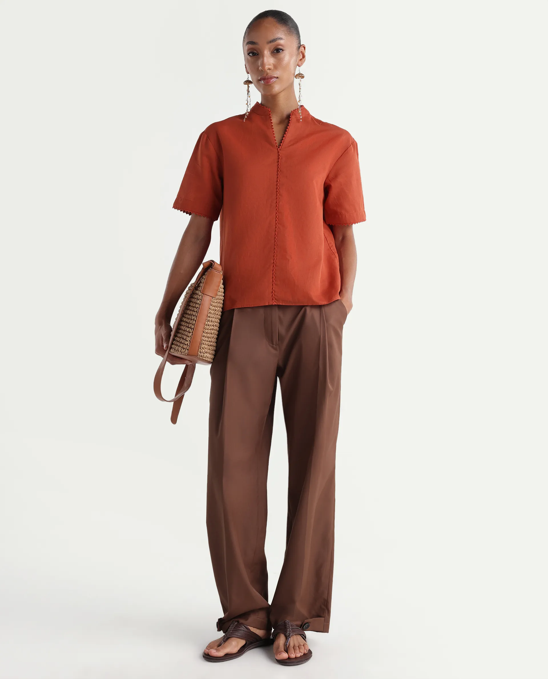 Rareism Women's Mony Rust Cotton Blend Half Sleeve Mandarin Collar Regular Top - Image 2