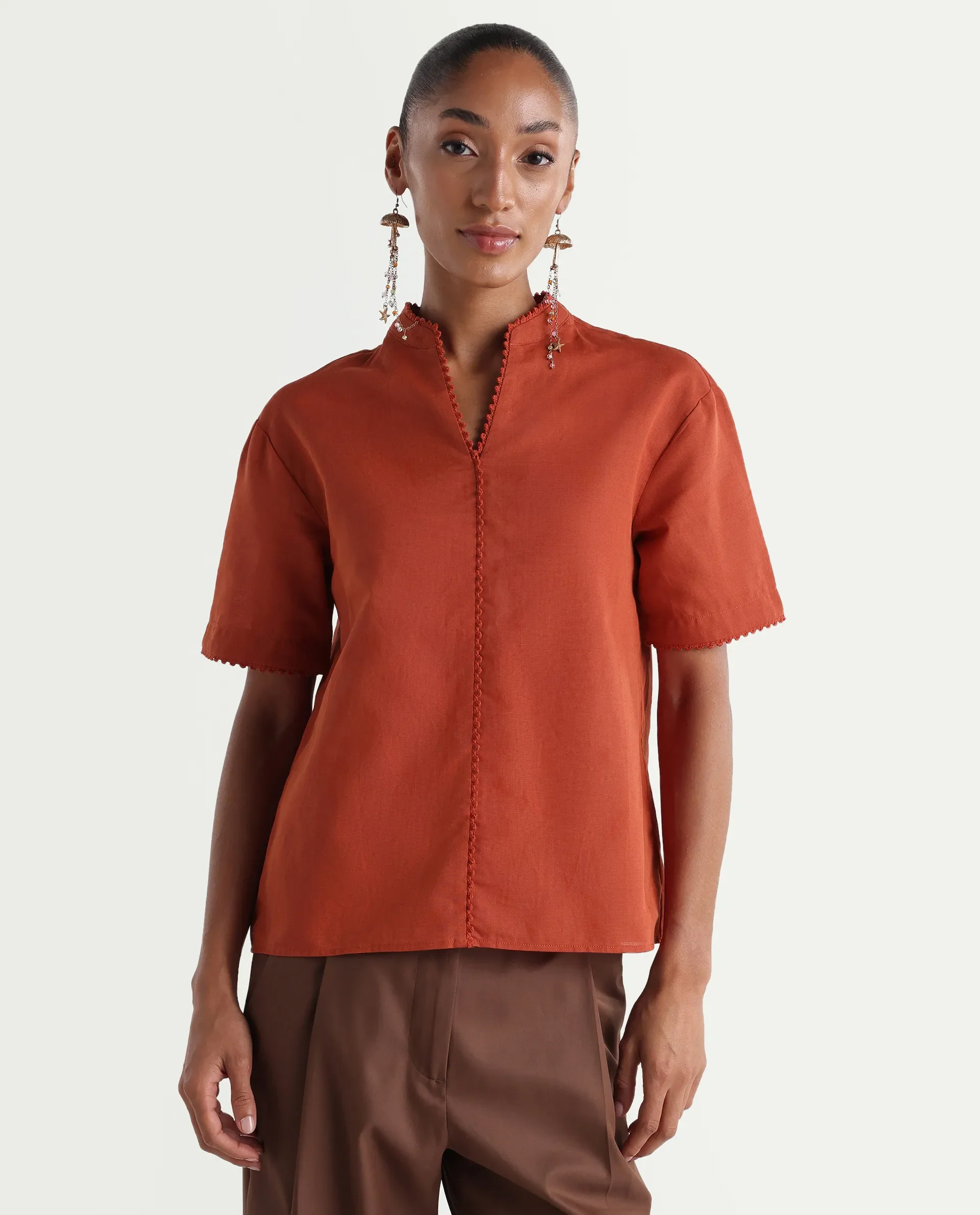 Rareism Women's Mony Rust Cotton Blend Half Sleeve Mandarin Collar Regular Top - Image 3