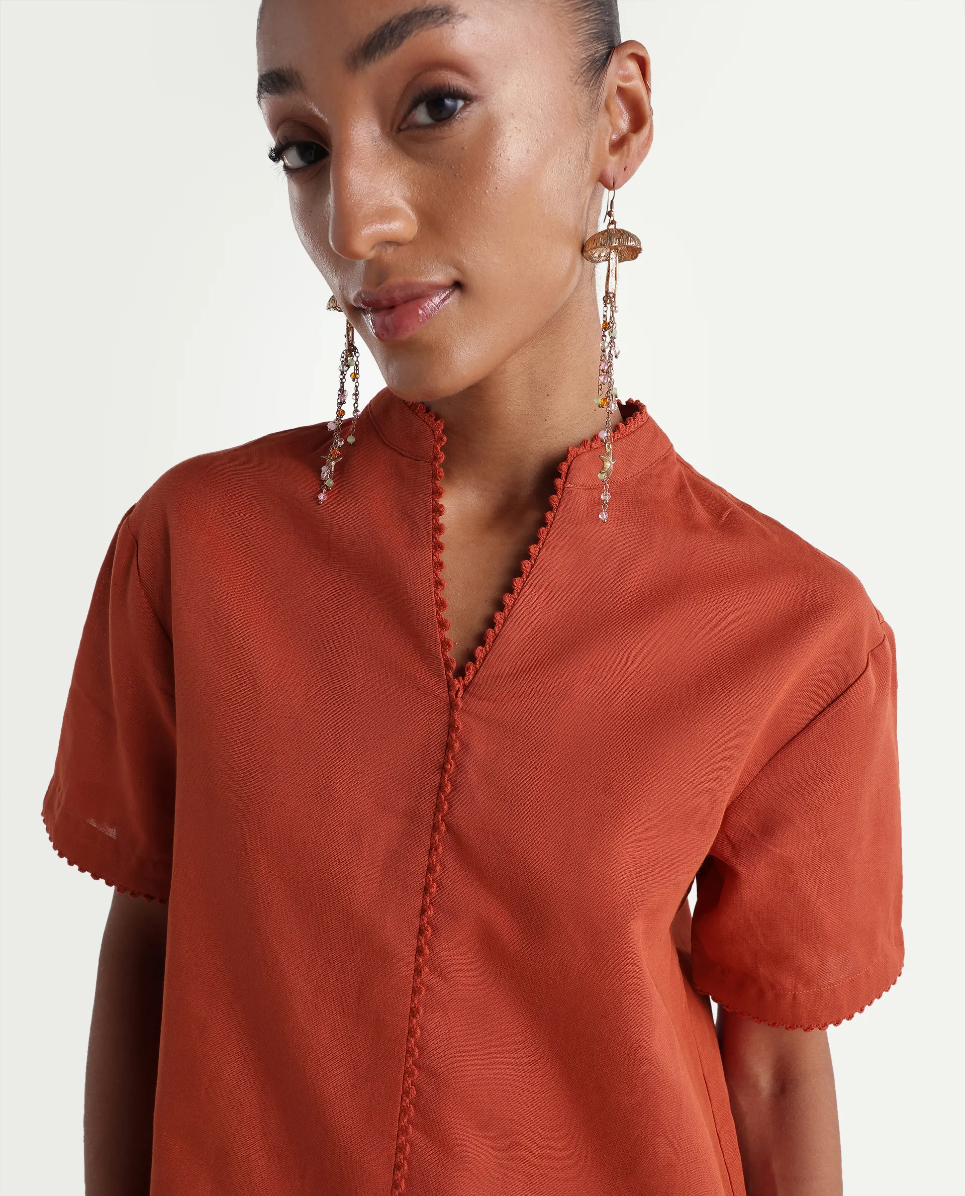 Rareism Women's Mony Rust Cotton Blend Half Sleeve Mandarin Collar Regular Top - Image 4