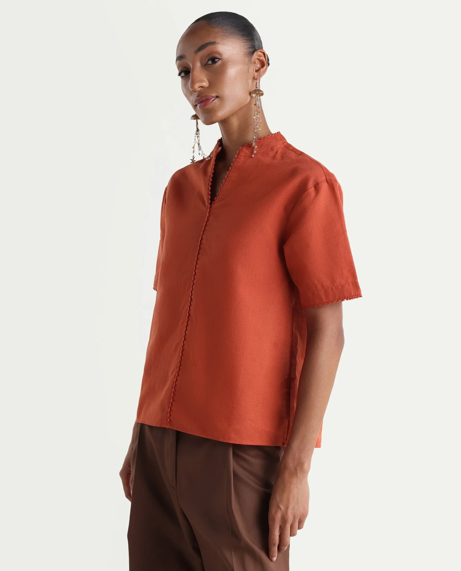 Rareism Women's Mony Rust Cotton Blend Half Sleeve Mandarin Collar Regular Top - Image 5