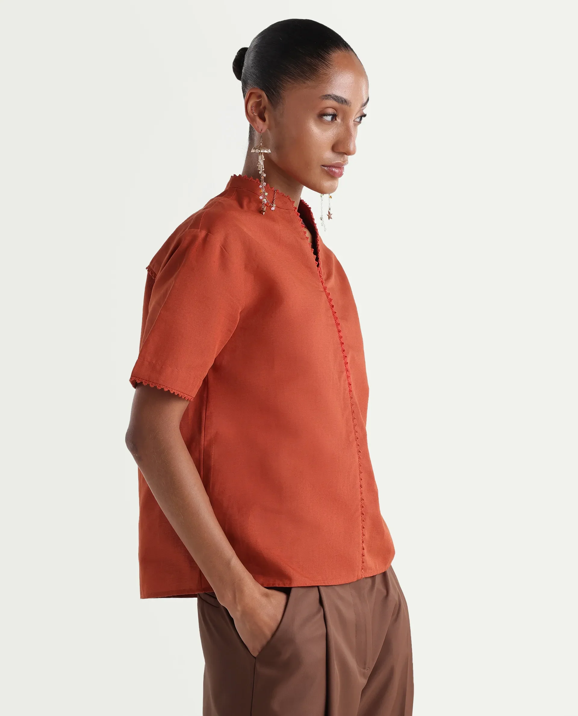 Rareism Women's Mony Rust Cotton Blend Half Sleeve Mandarin Collar Regular Top - Image 6