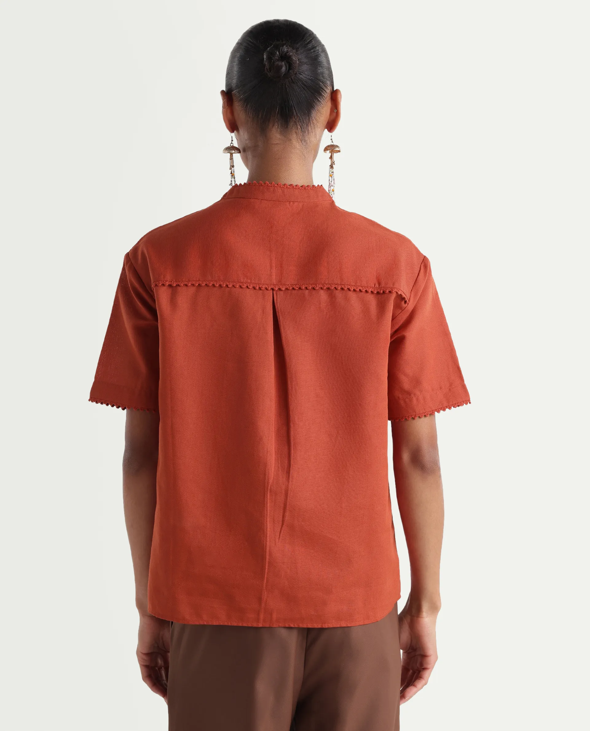 Rareism Women's Mony Rust Cotton Blend Half Sleeve Mandarin Collar Regular Top - Image 7