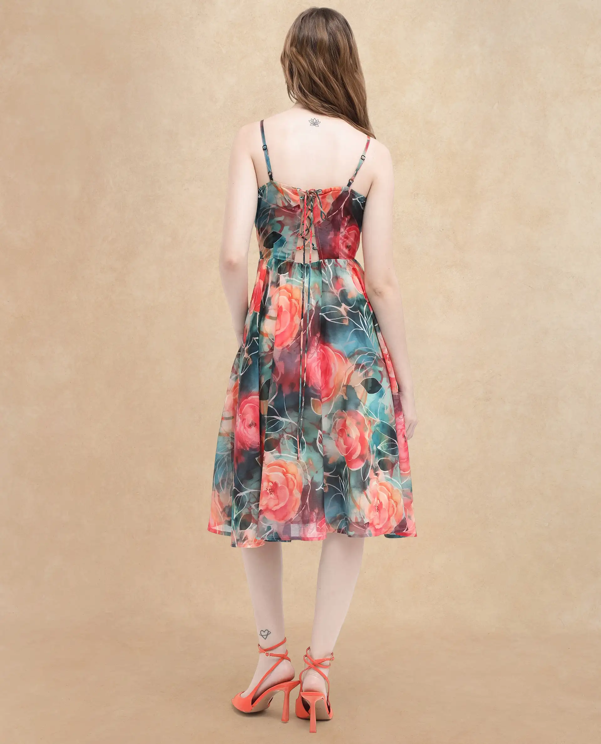 Rareism Women's Monza Sc Dark Multi Cotton Shoulder Strap Floral Print Shoulder Strap Midi Fit And Flare Dress - Image 7