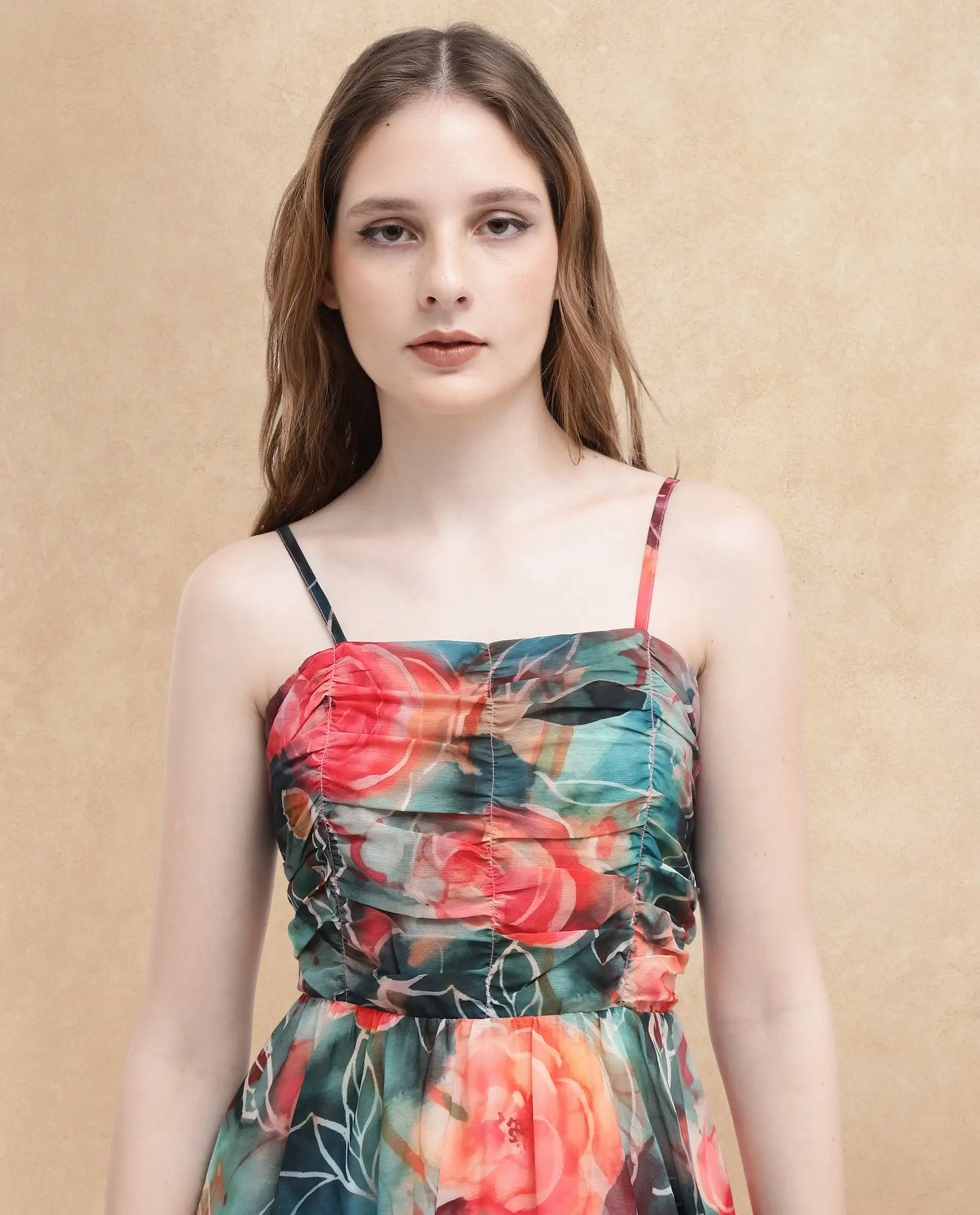 Rareism Women's Monza Dark Multi Polyester Shoulder Strap Floral Print Shoulder Strap Midi Fit And Flare Dress - Image 4