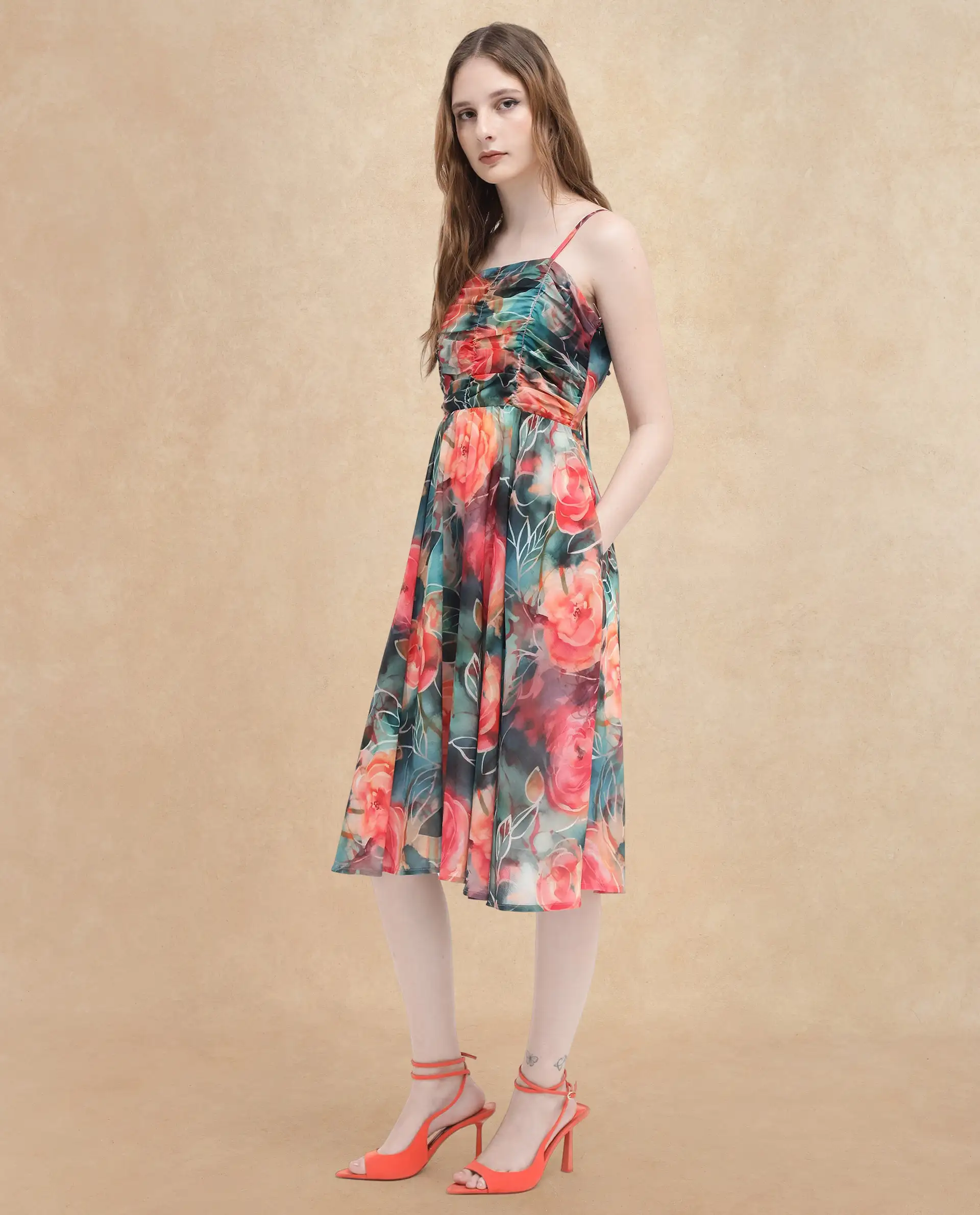 Rareism Women's Monza Dark Multi Polyester Shoulder Strap Floral Print Shoulder Strap Midi Fit And Flare Dress - Image 5