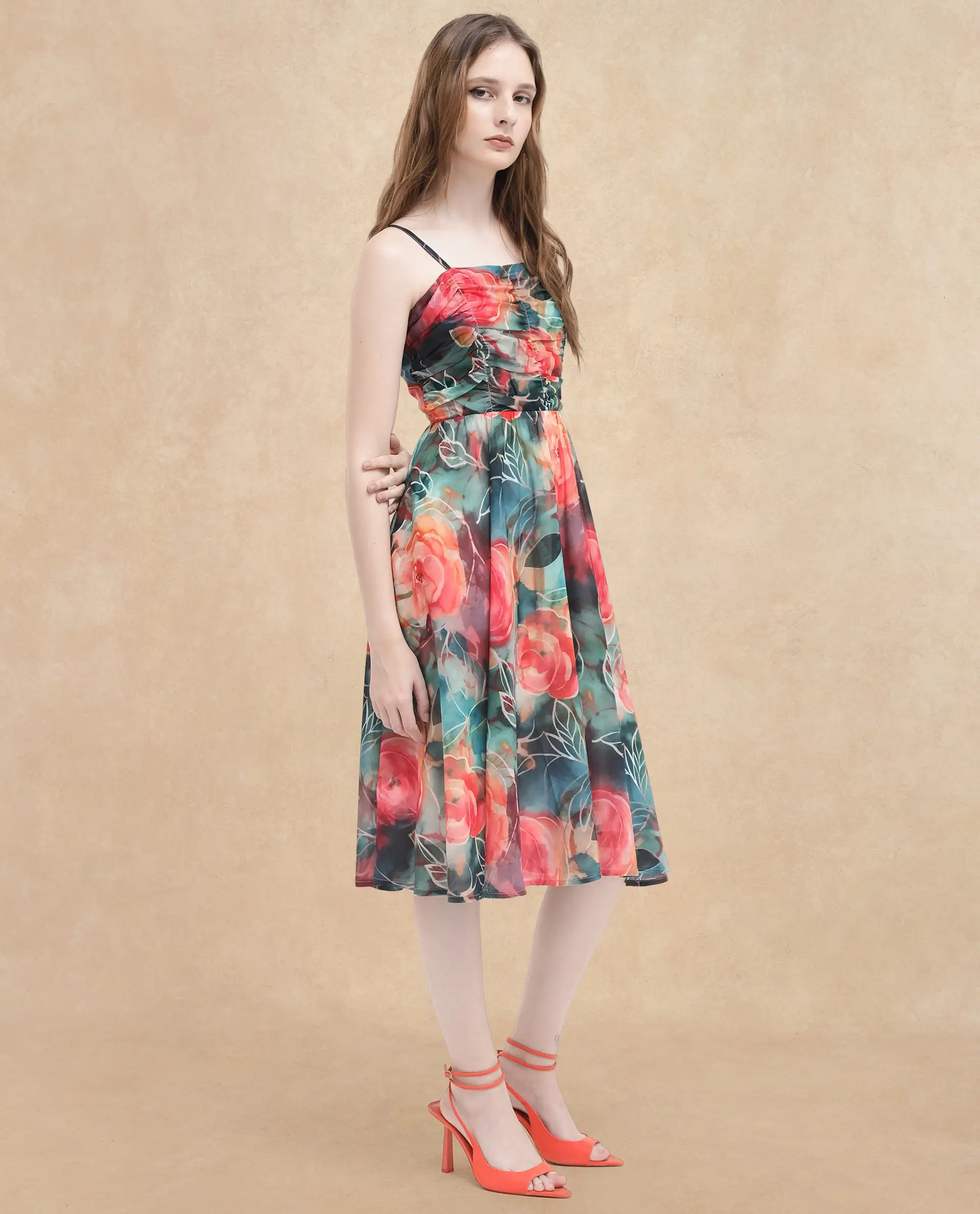 Rareism Women's Monza Dark Multi Polyester Shoulder Strap Floral Print Shoulder Strap Midi Fit And Flare Dress - Image 6