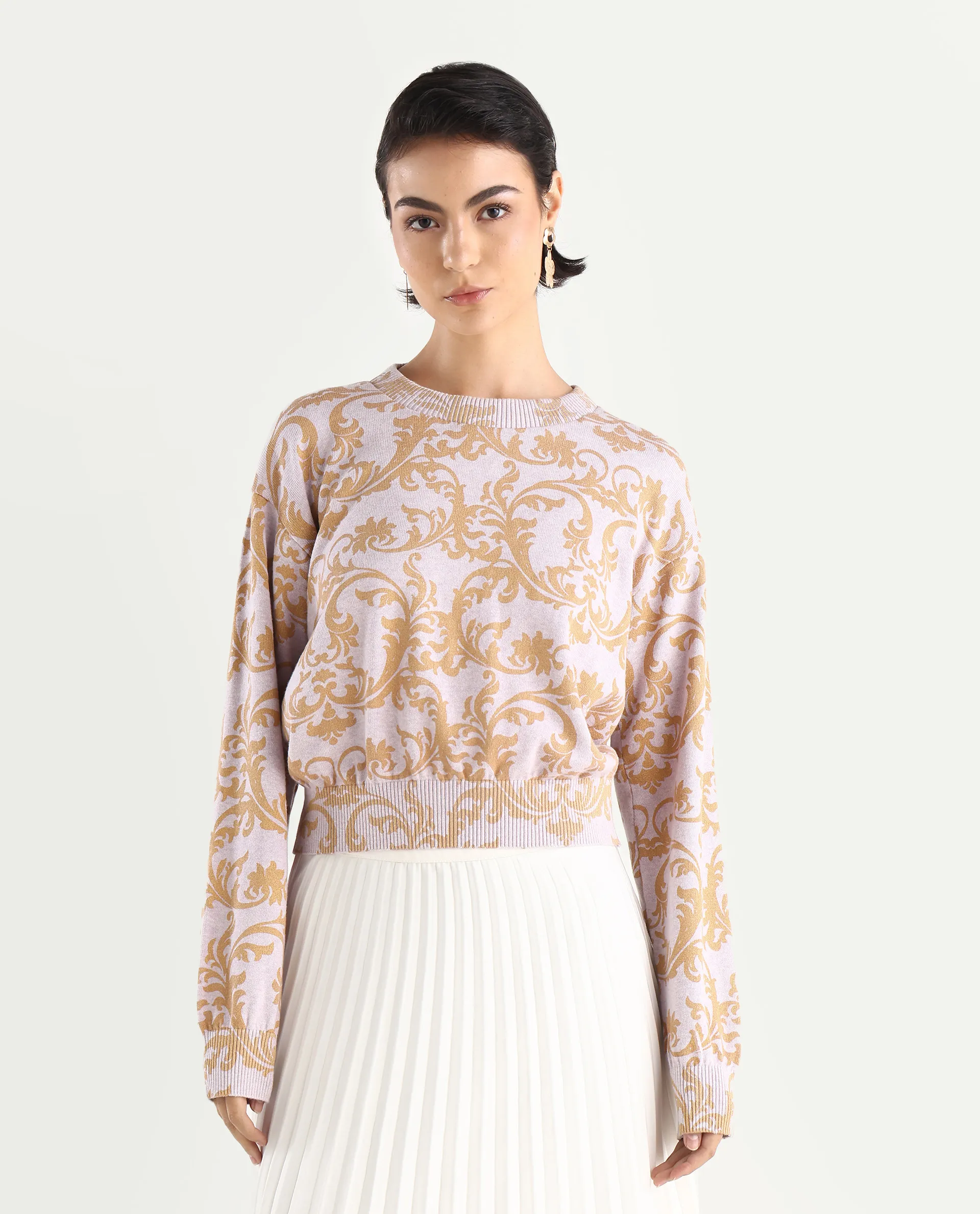 Rareism Women's Moon Light Purple Cotton High Neck Abstract Print Relaxed Fit Sweater - Image 4