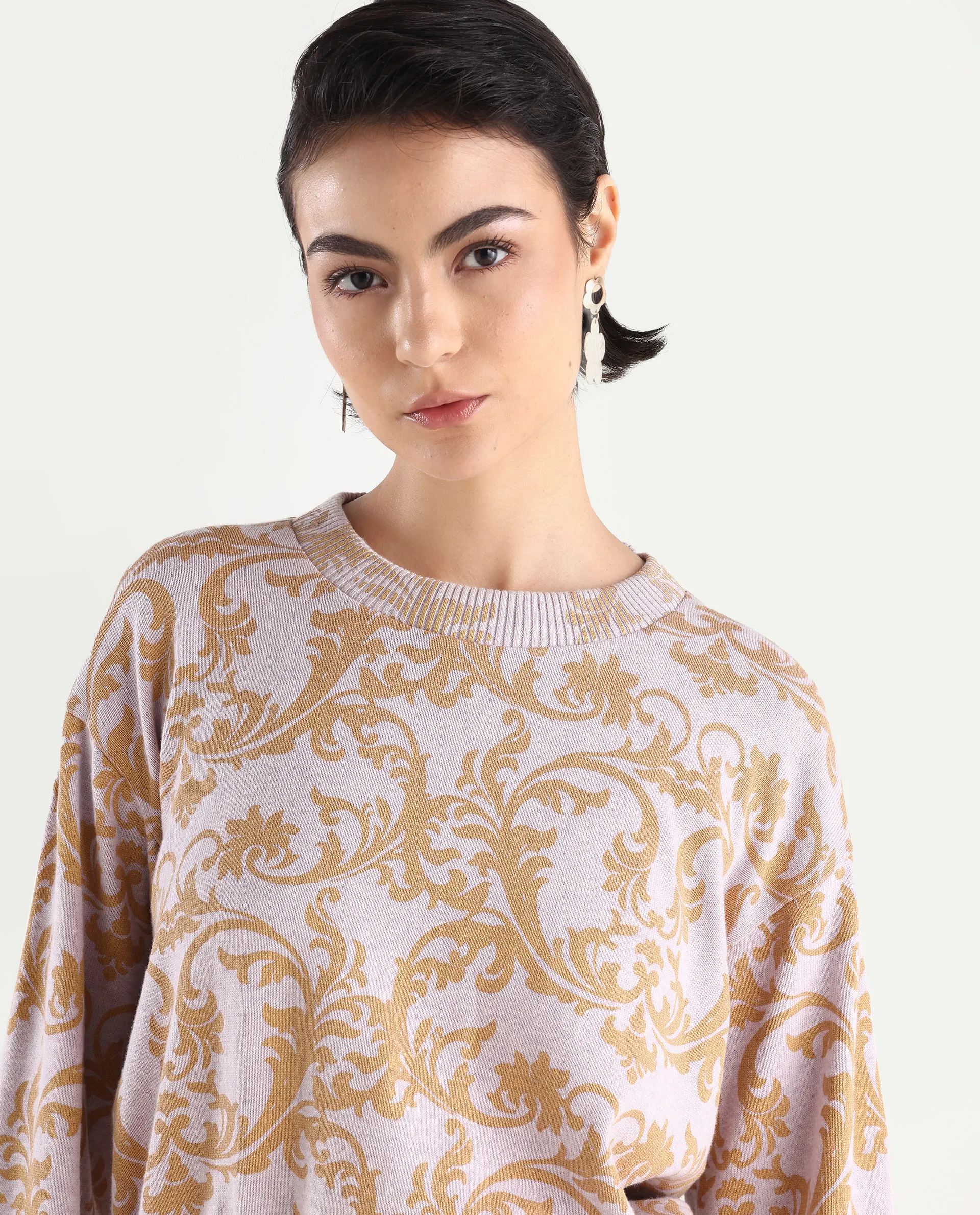 Rareism Women's Moon Light Purple Cotton High Neck Abstract Print Relaxed Fit Sweater - Image 5