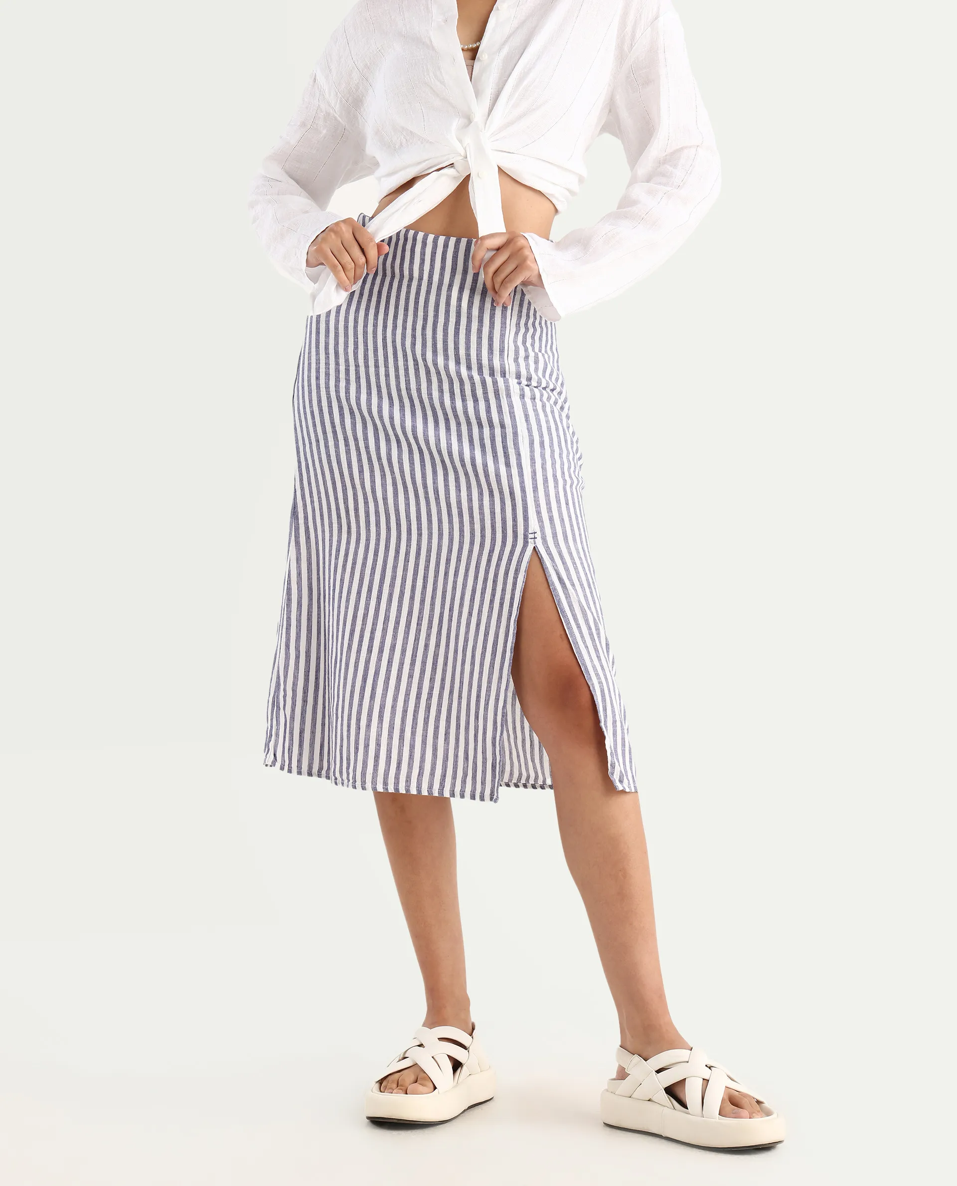 Rareism Women's Moonly Blue Linen Striped Midi Slim Fit Skirt - Image 2