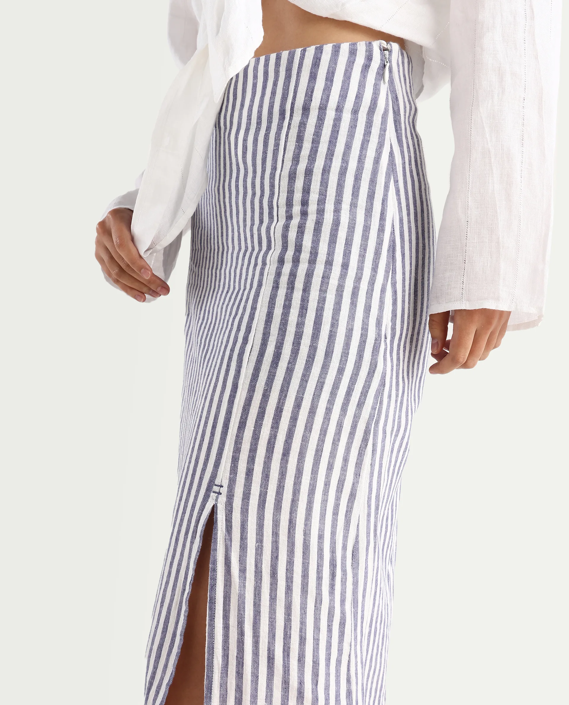 Rareism Women's Moonly Blue Linen Striped Midi Slim Fit Skirt - Image 3