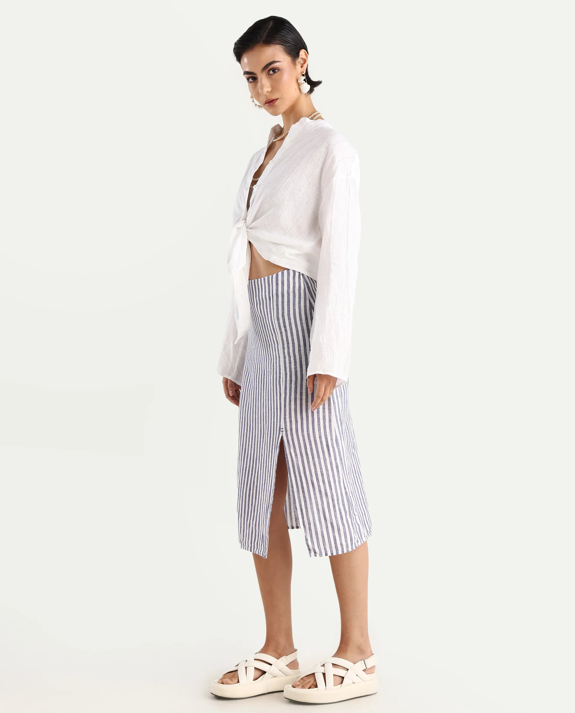 Rareism Women's Moonly Blue Linen Striped Midi Slim Fit Skirt - Image 6