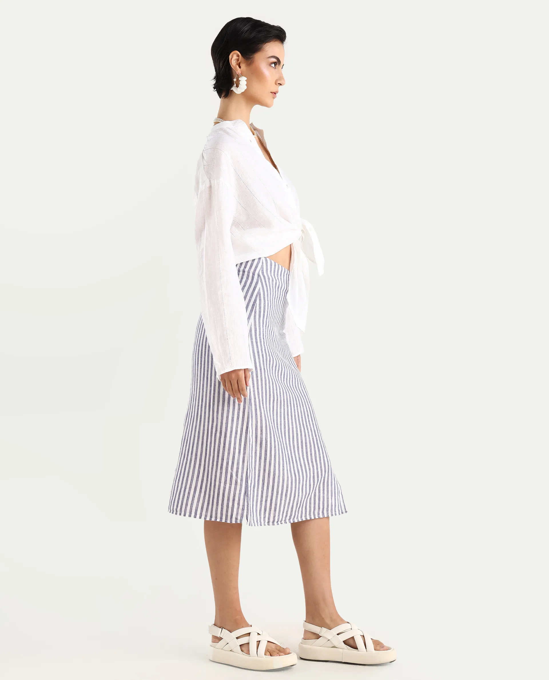 Rareism Women's Moonly Blue Linen Striped Midi Slim Fit Skirt - Image 7