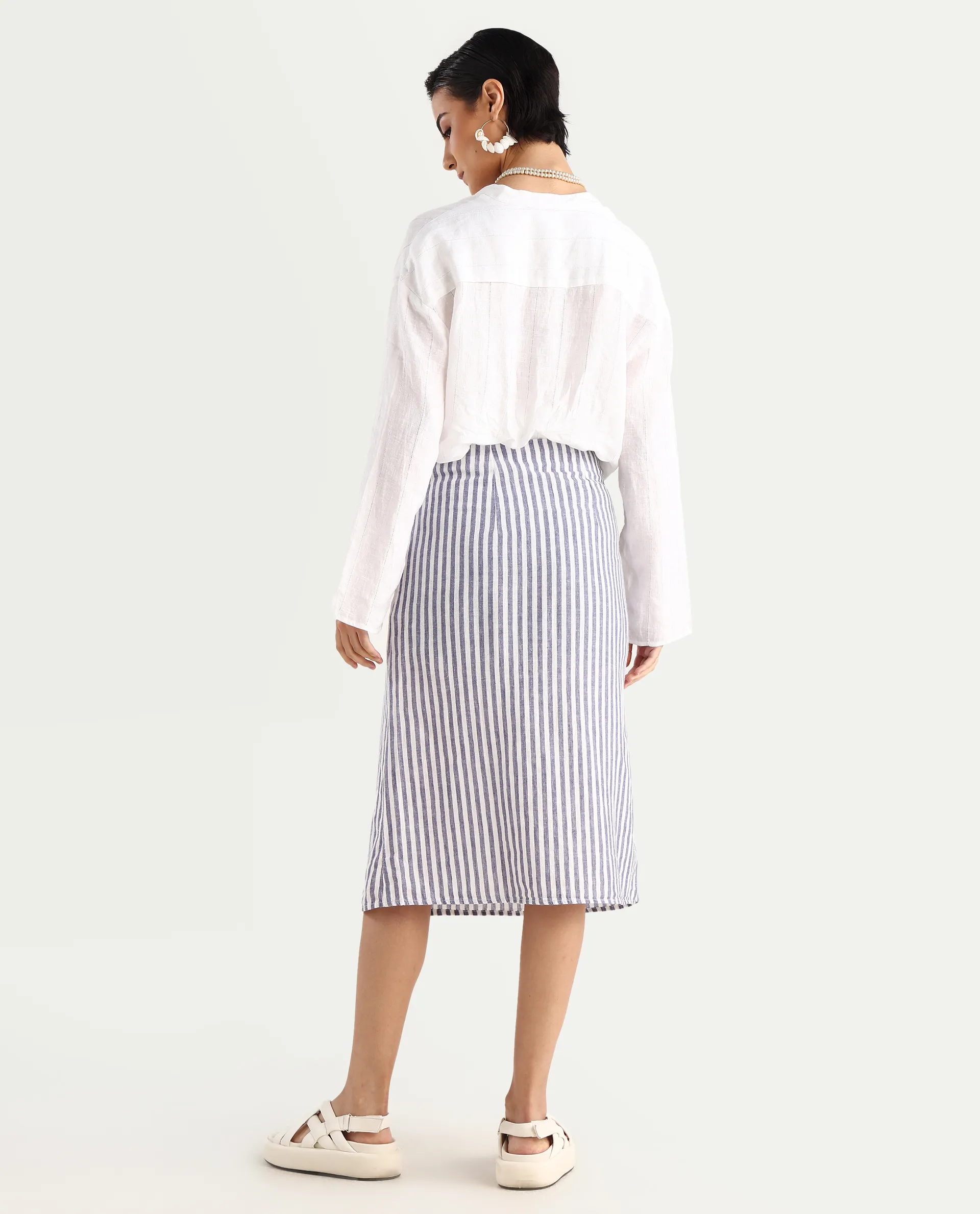 Rareism Women's Moonly Blue Linen Striped Midi Slim Fit Skirt - Image 8