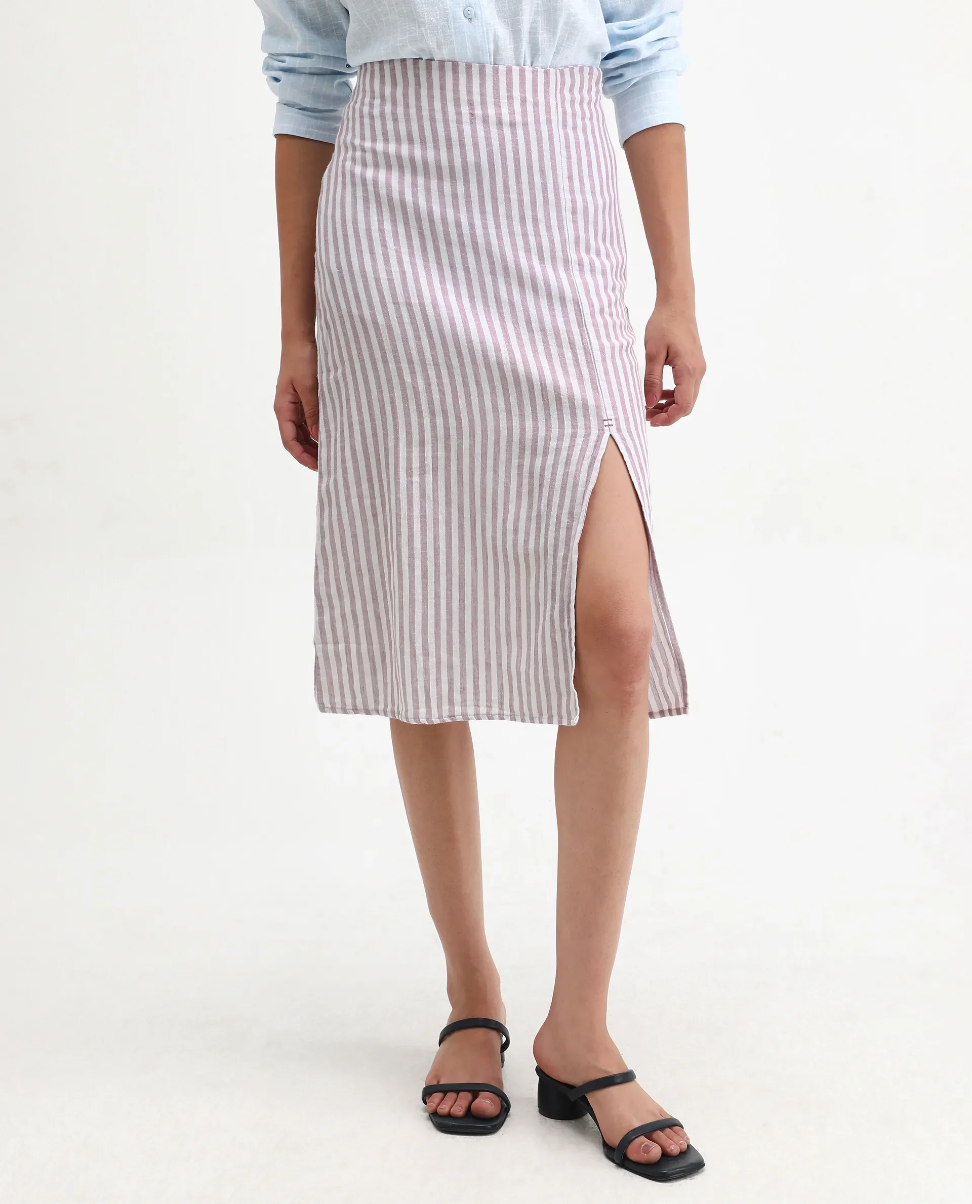 Rareism Women's Moonly Lilac Linen Striped Midi Slim Fit Skirt - Image 2