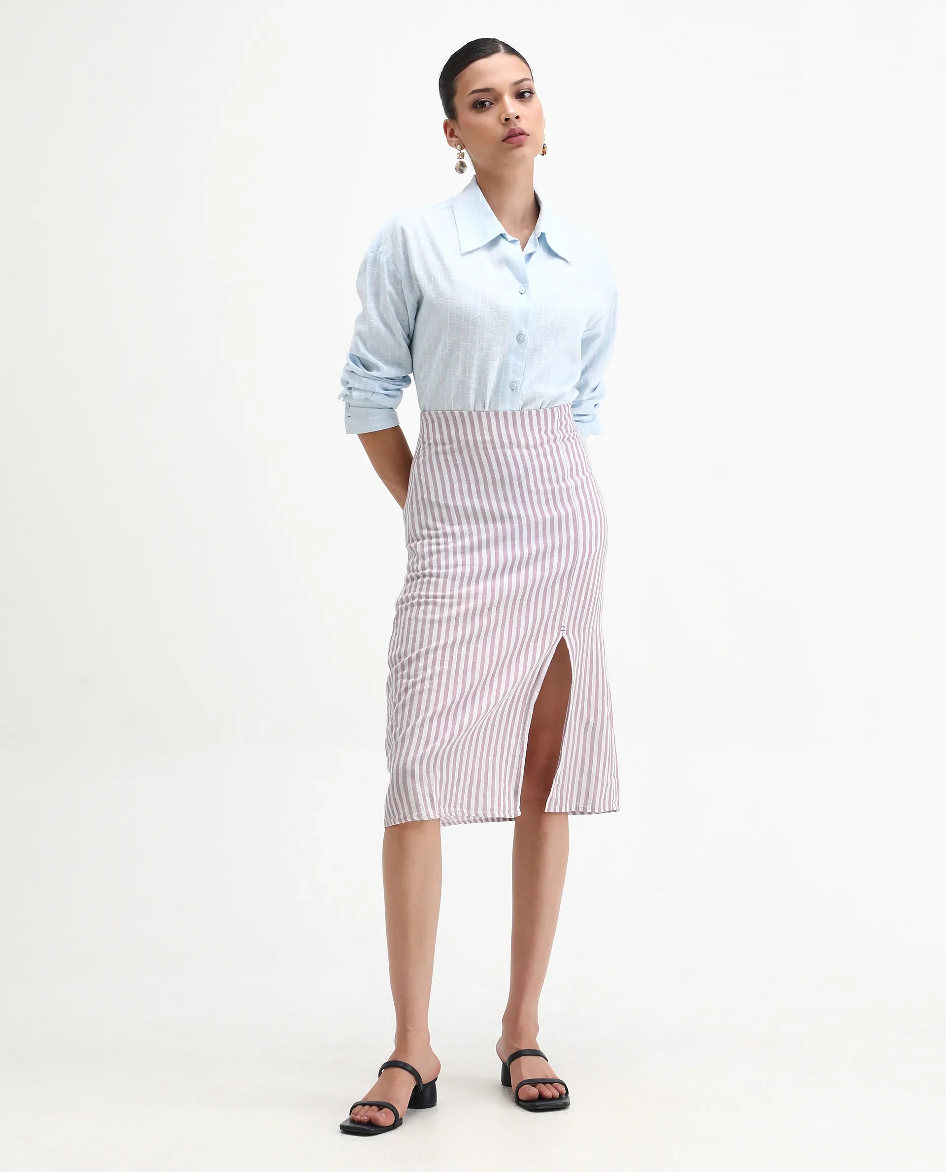 Rareism Women's Moonly Lilac Linen Striped Midi Slim Fit Skirt - Image 3