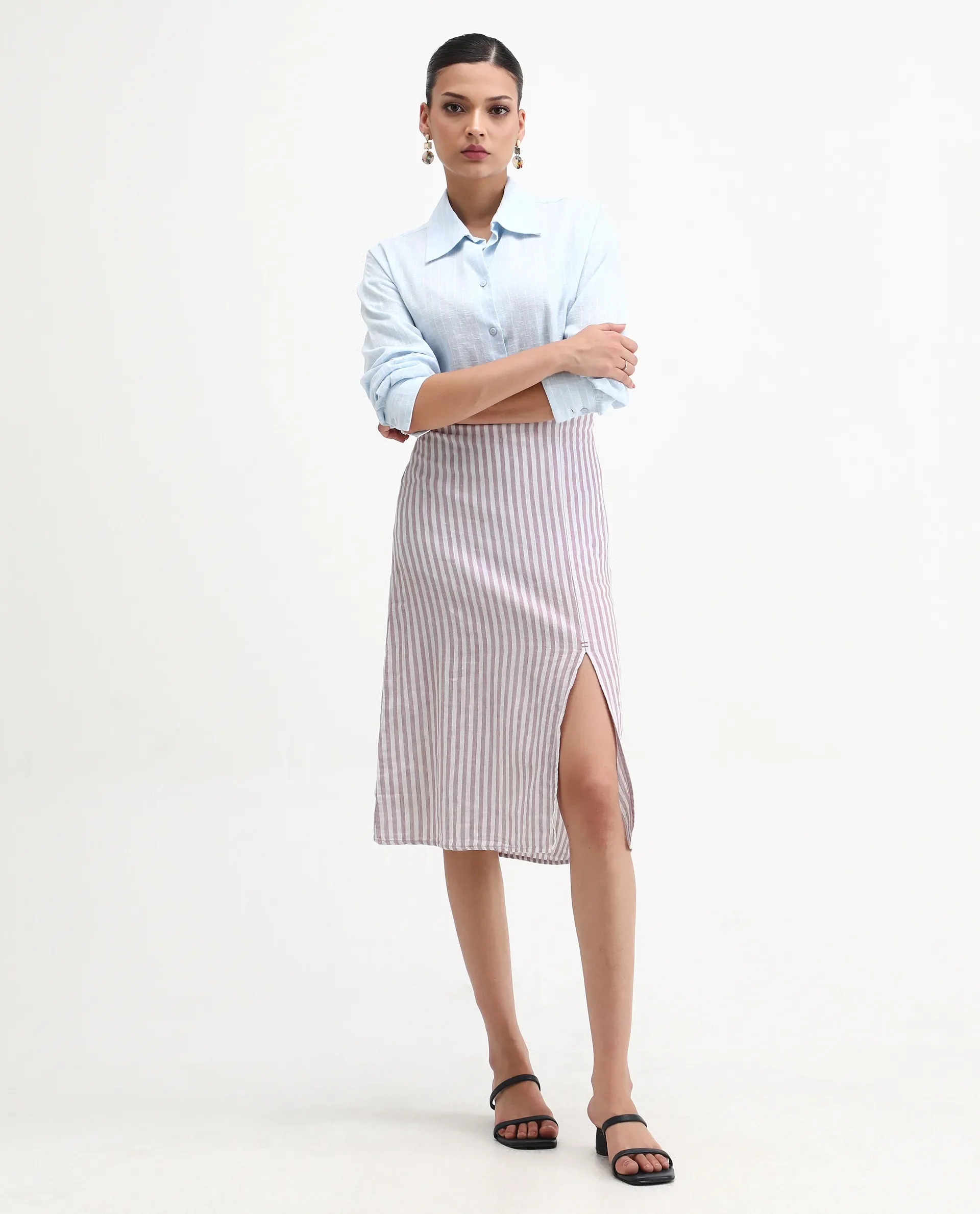 Rareism Women's Moonly Lilac Linen Striped Midi Slim Fit Skirt - Image 4